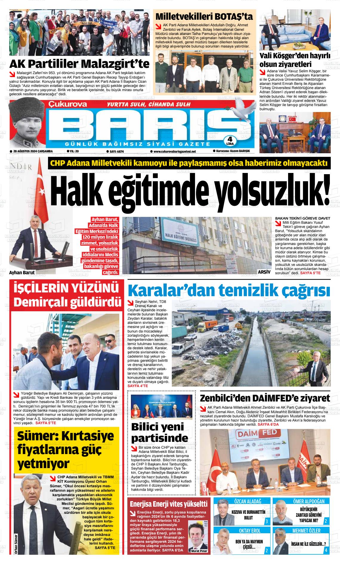 28 Ağustos 2024 Çukurova Barış Gazete Manşeti