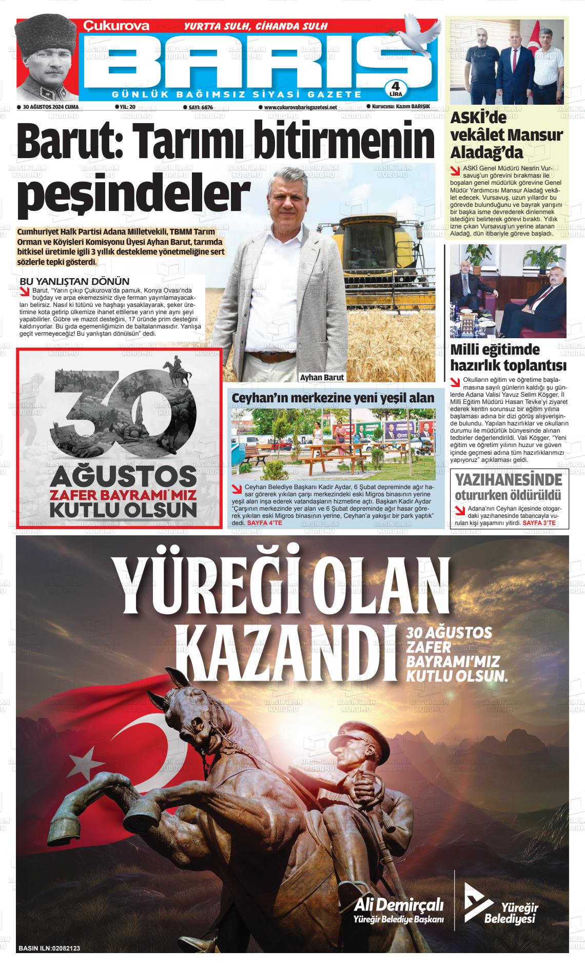 30 Ağustos 2024 Çukurova Barış Gazete Manşeti