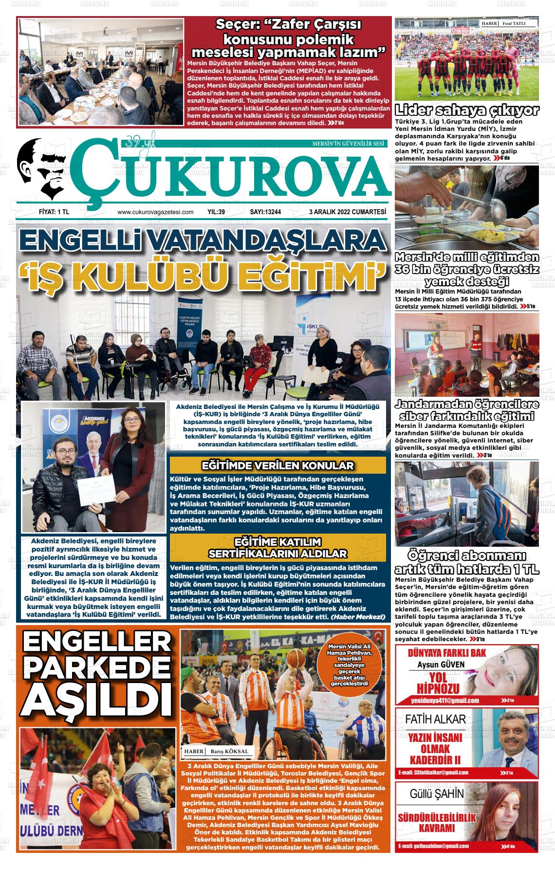 03 Aralık 2022 Çukurova Gazete Manşeti