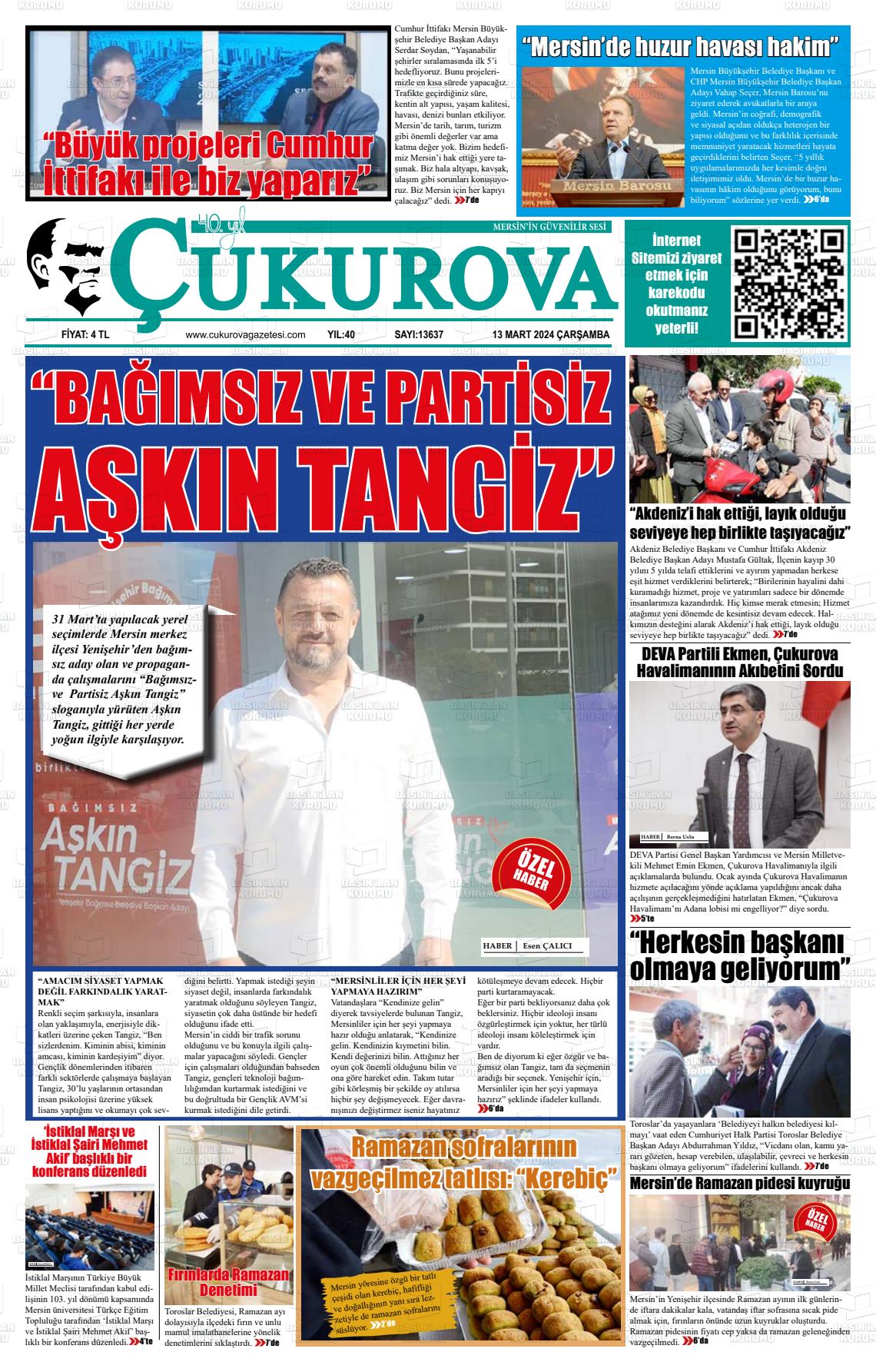 13 Mart 2024 Çukurova Gazete Manşeti