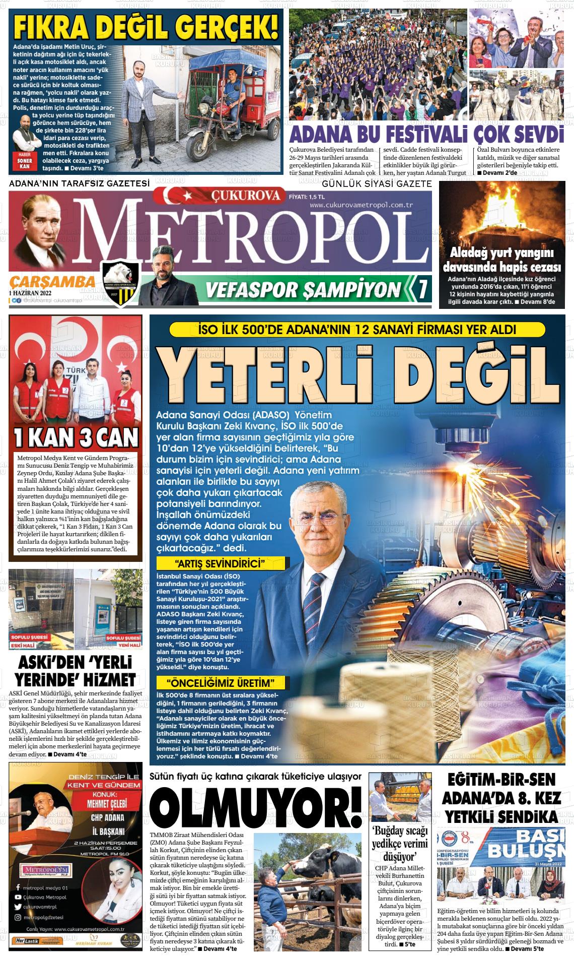 30 Temmuz 2022 Çukurova Metropol Gazete Manşeti