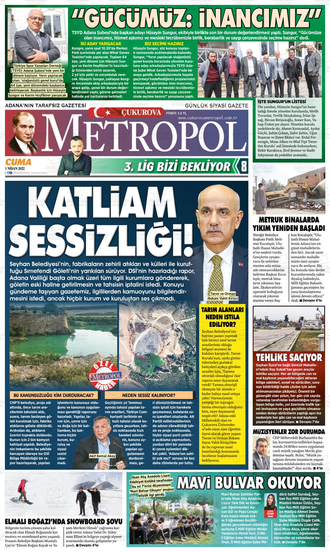 01 Nisan 2022 Çukurova Metropol Gazete Manşeti