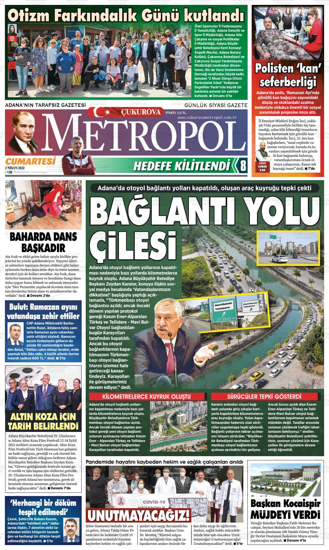 02 Nisan 2022 Çukurova Metropol Gazete Manşeti