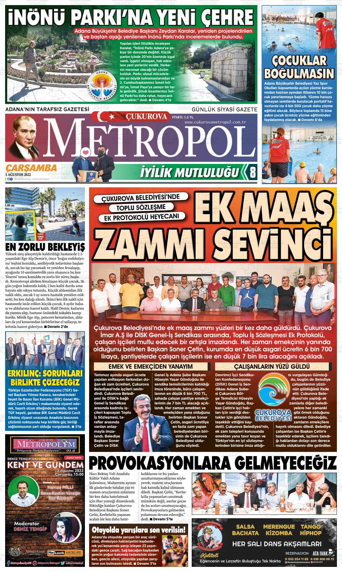 03 Ağustos 2022 Çukurova Metropol Gazete Manşeti