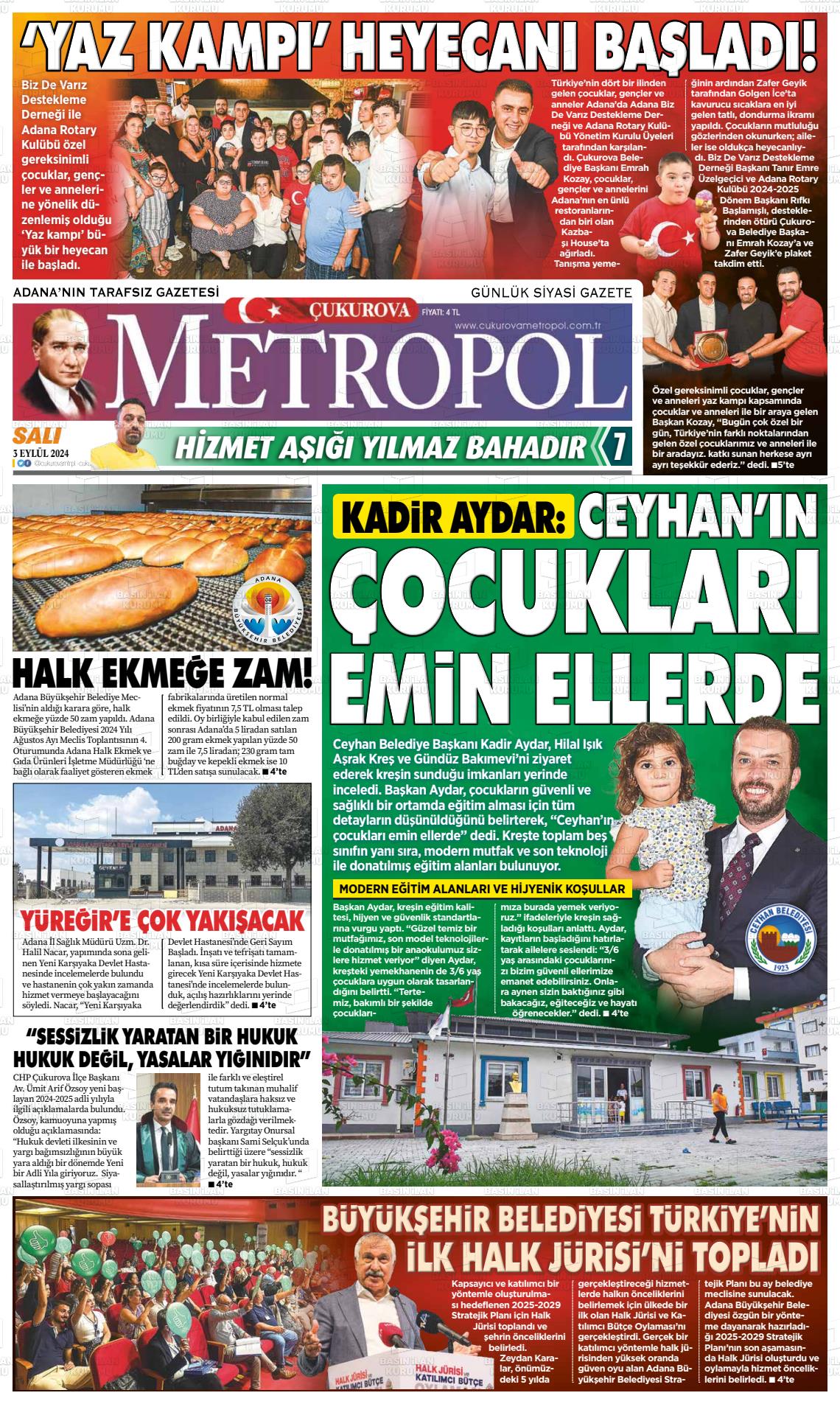 03 Eylül 2024 Çukurova Metropol Gazete Manşeti