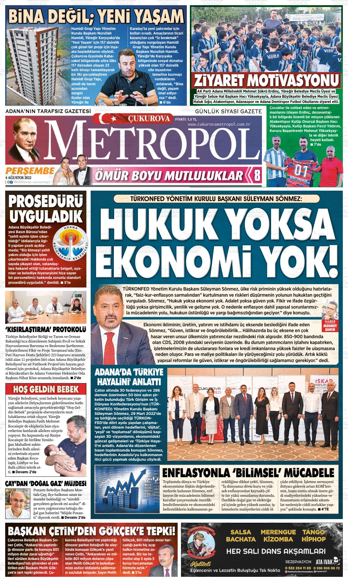 04 Ağustos 2022 Çukurova Metropol Gazete Manşeti