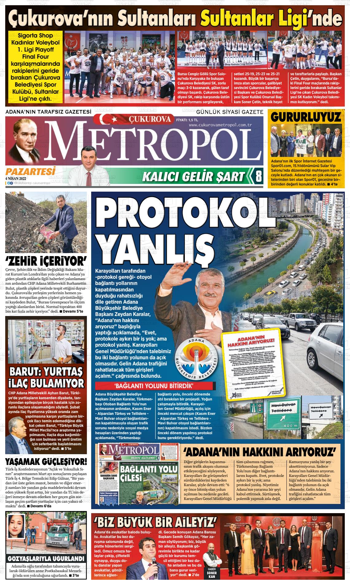 04 Nisan 2022 Çukurova Metropol Gazete Manşeti