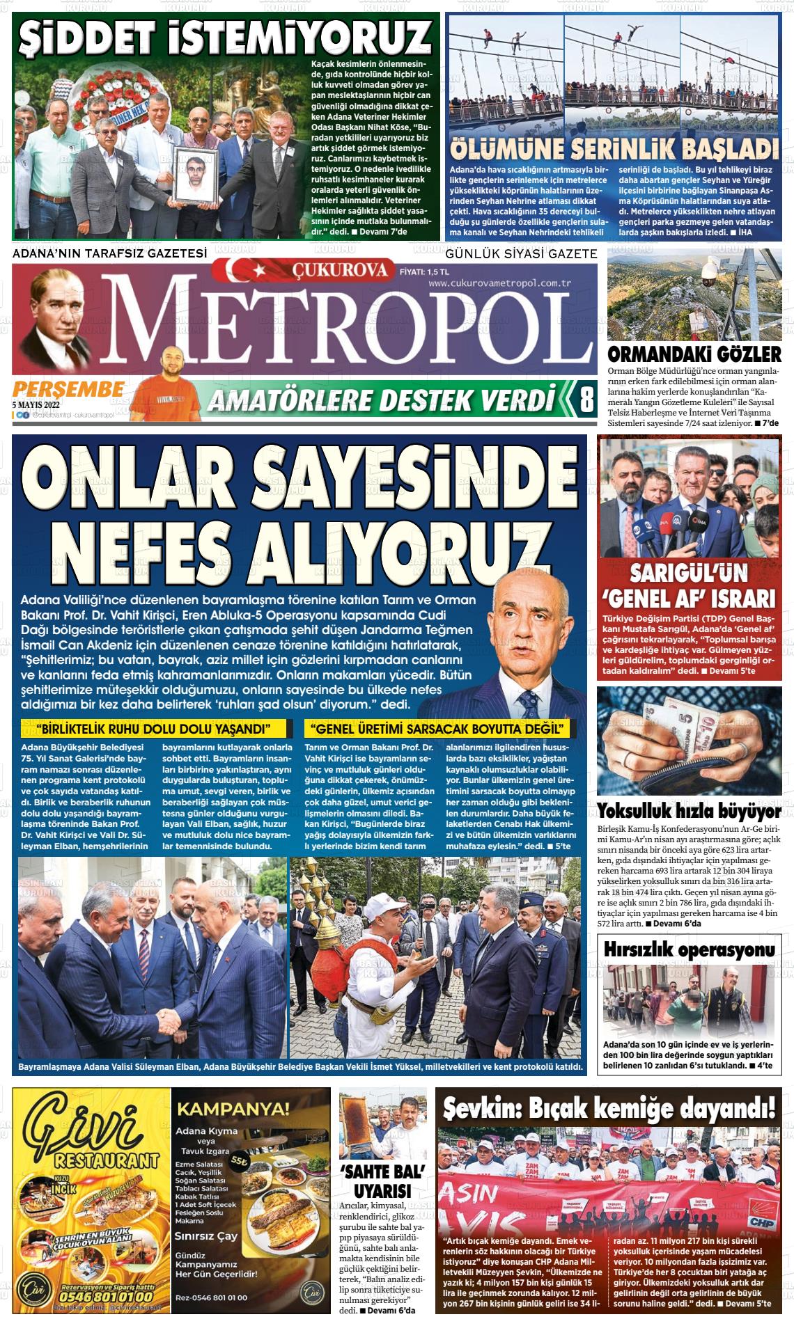 05 Mayıs 2022 Çukurova Metropol Gazete Manşeti