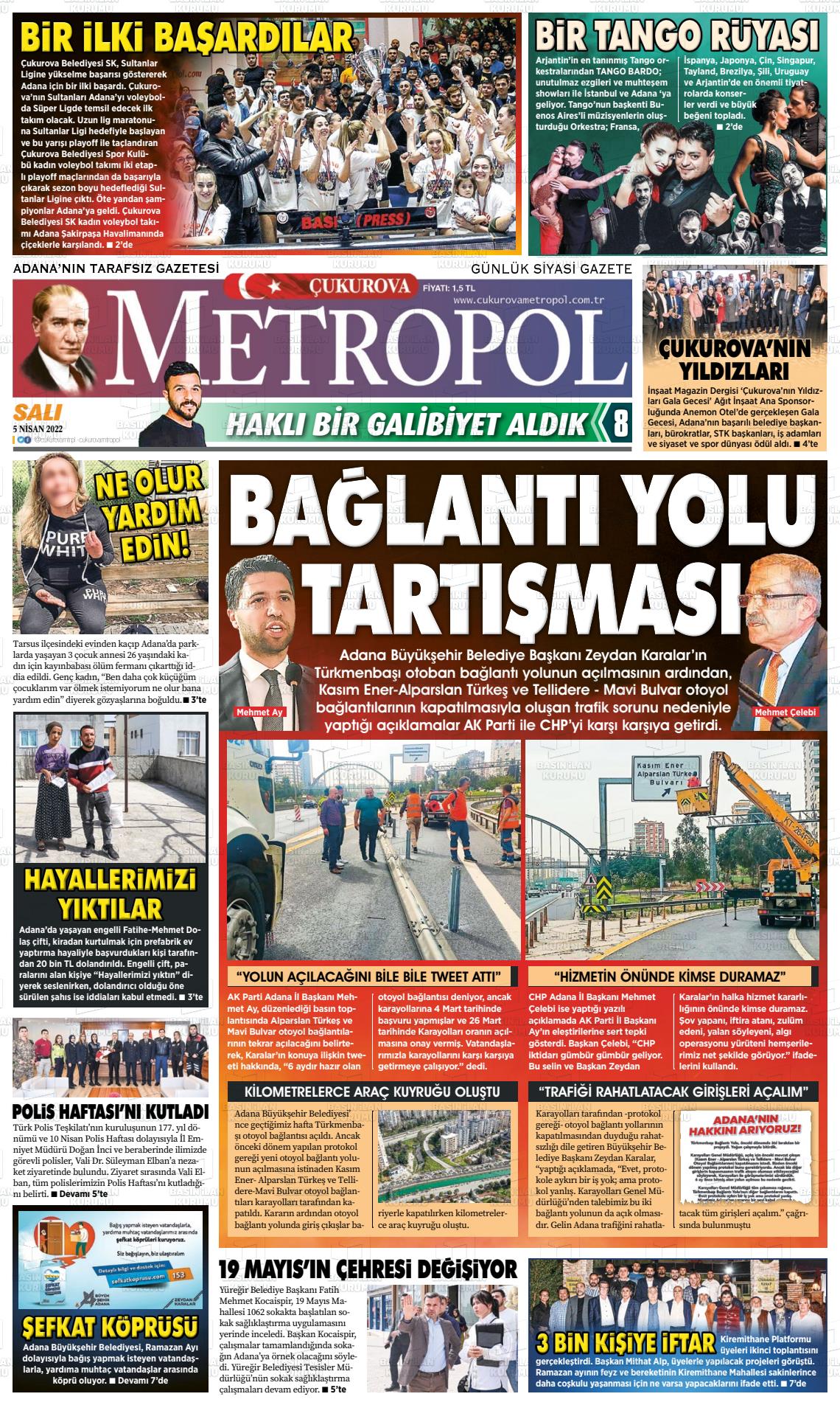 05 Nisan 2022 Çukurova Metropol Gazete Manşeti