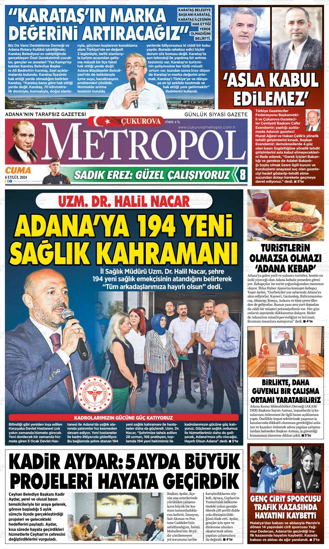 06 Eylül 2024 Çukurova Metropol Gazete Manşeti