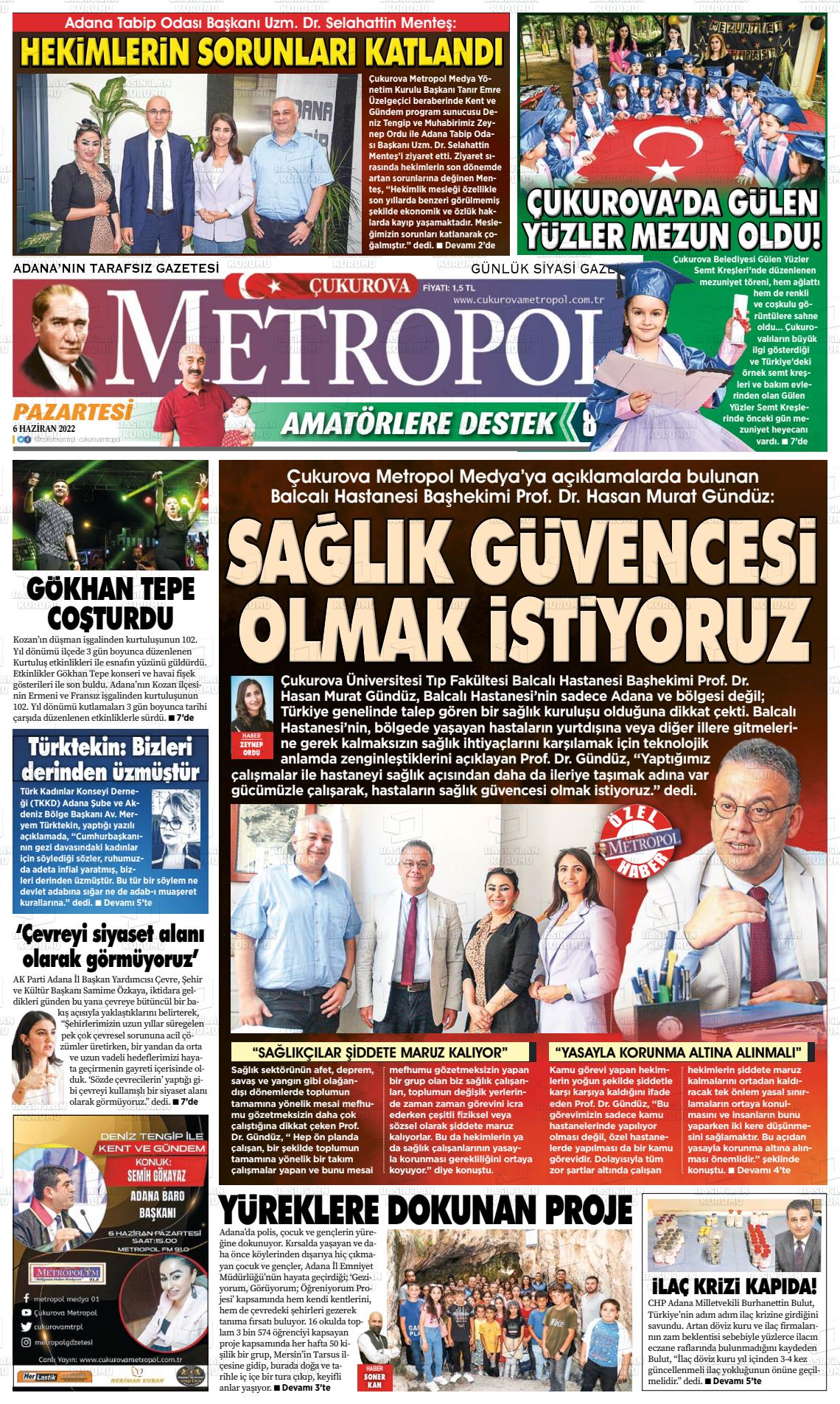 06 Haziran 2022 Çukurova Metropol Gazete Manşeti