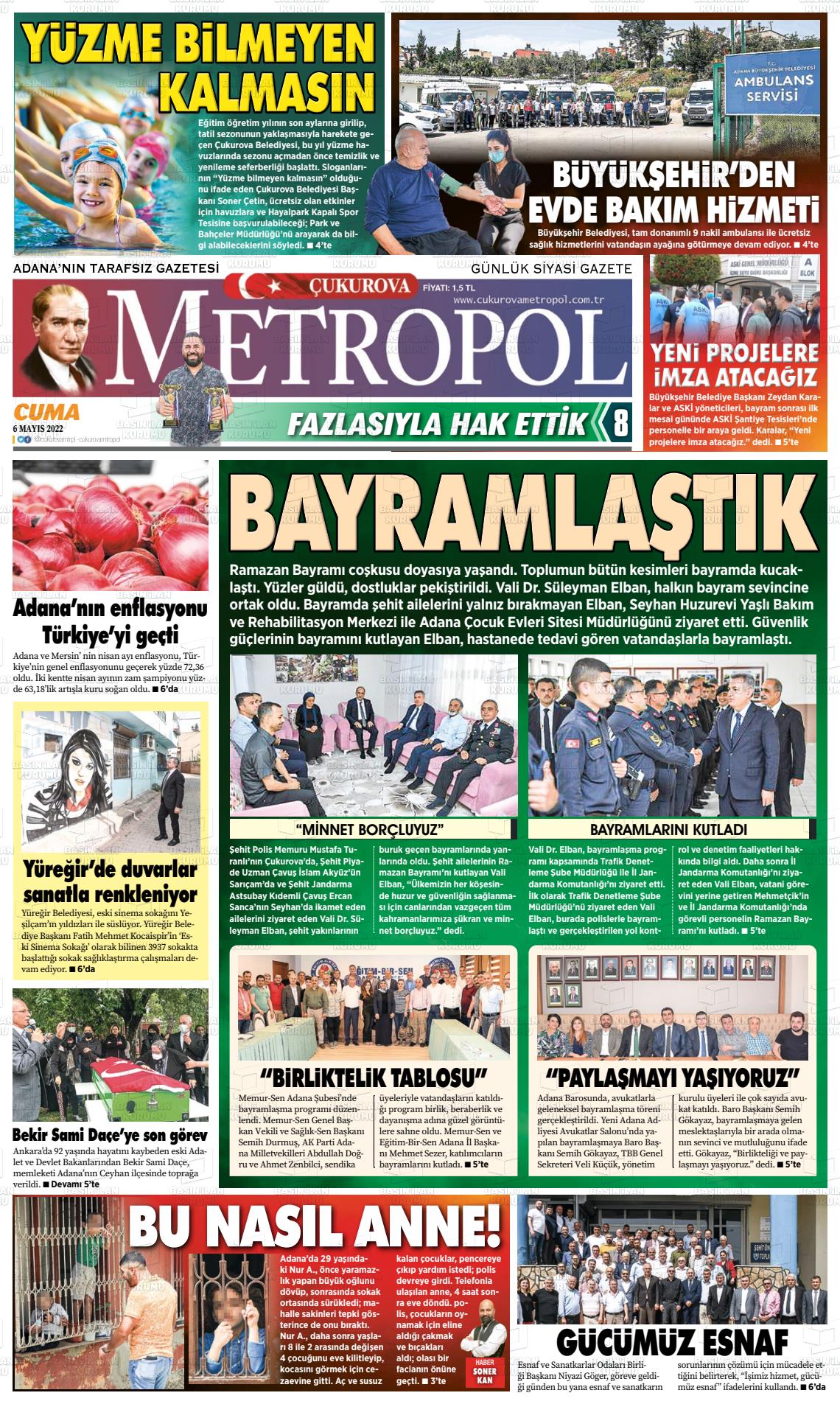 06 Mayıs 2022 Çukurova Metropol Gazete Manşeti