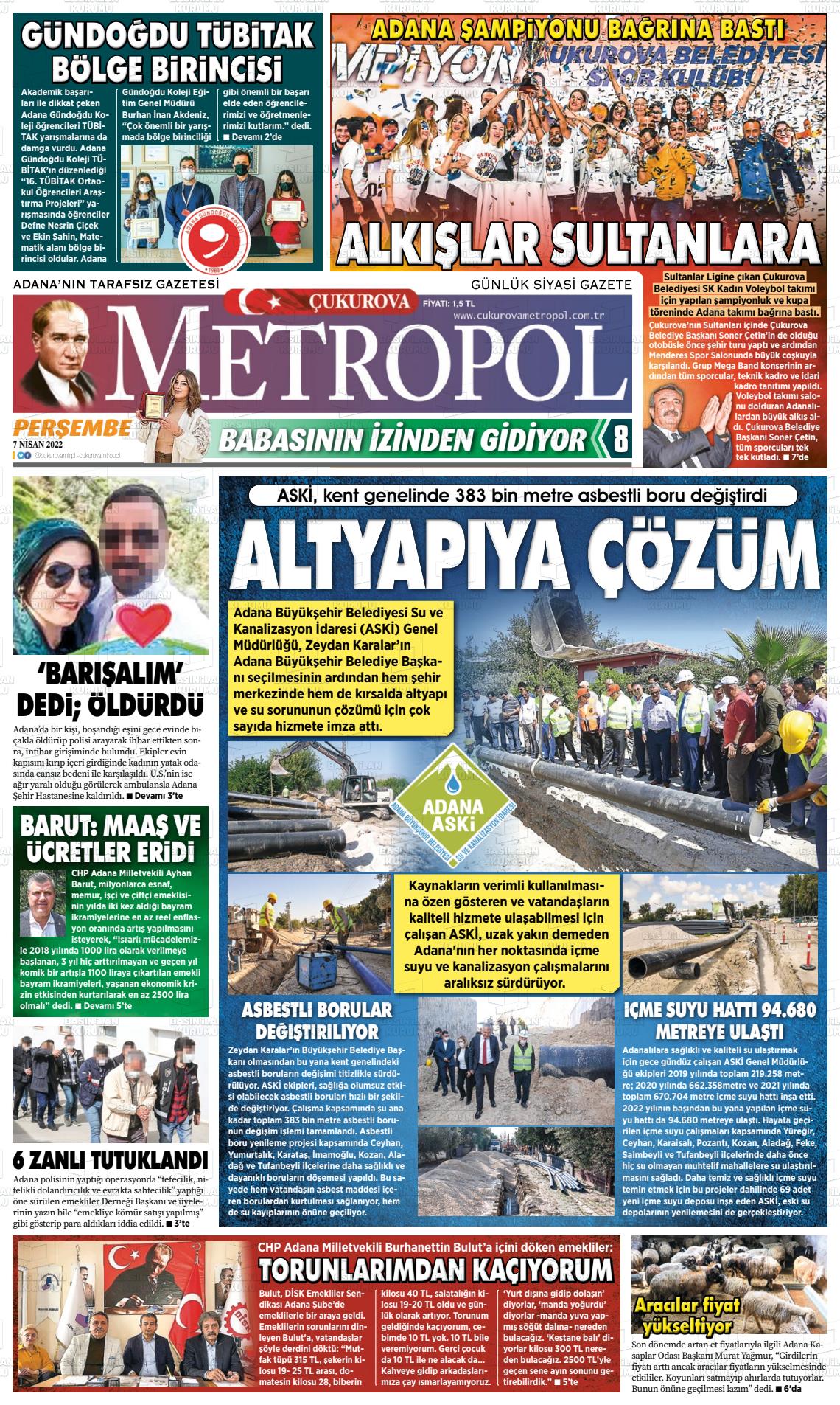 07 Nisan 2022 Çukurova Metropol Gazete Manşeti