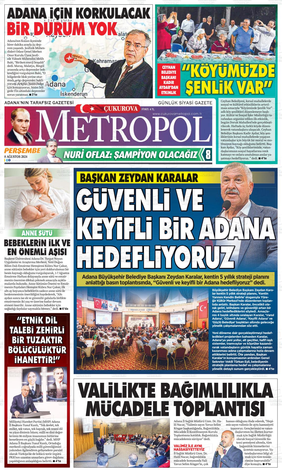 08 Ağustos 2024 Çukurova Metropol Gazete Manşeti