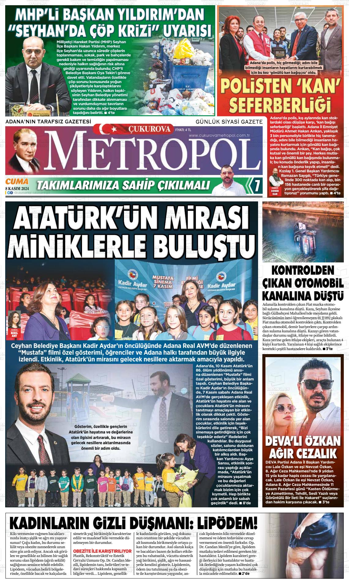 08 Kasım 2024 Çukurova Metropol Gazete Manşeti