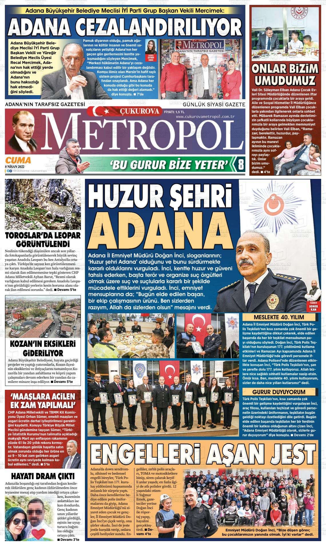 08 Nisan 2022 Çukurova Metropol Gazete Manşeti