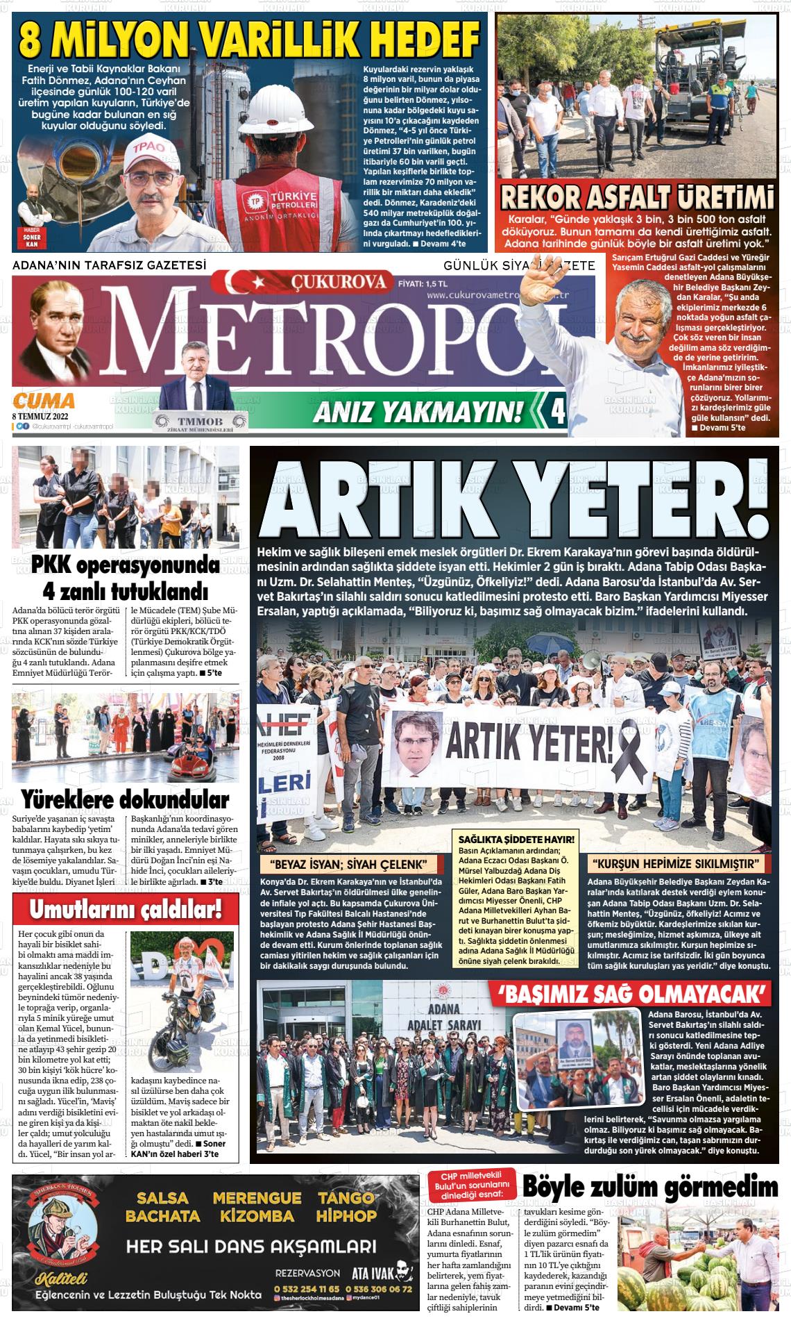 08 Temmuz 2022 Çukurova Metropol Gazete Manşeti