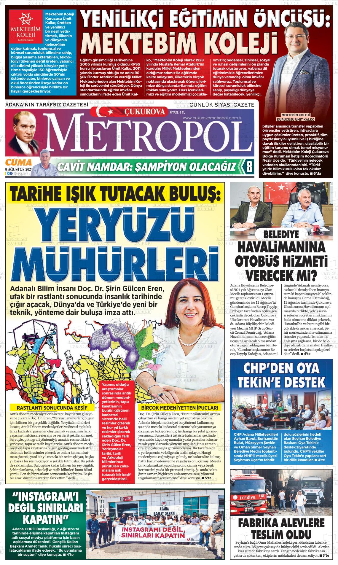 09 Ağustos 2024 Çukurova Metropol Gazete Manşeti