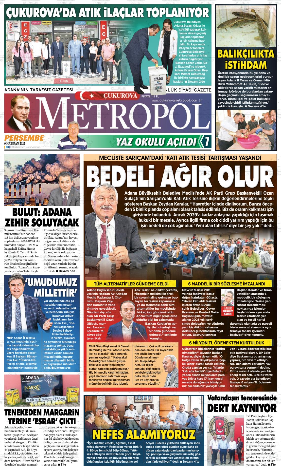 07 Ağustos 2022 Çukurova Metropol Gazete Manşeti