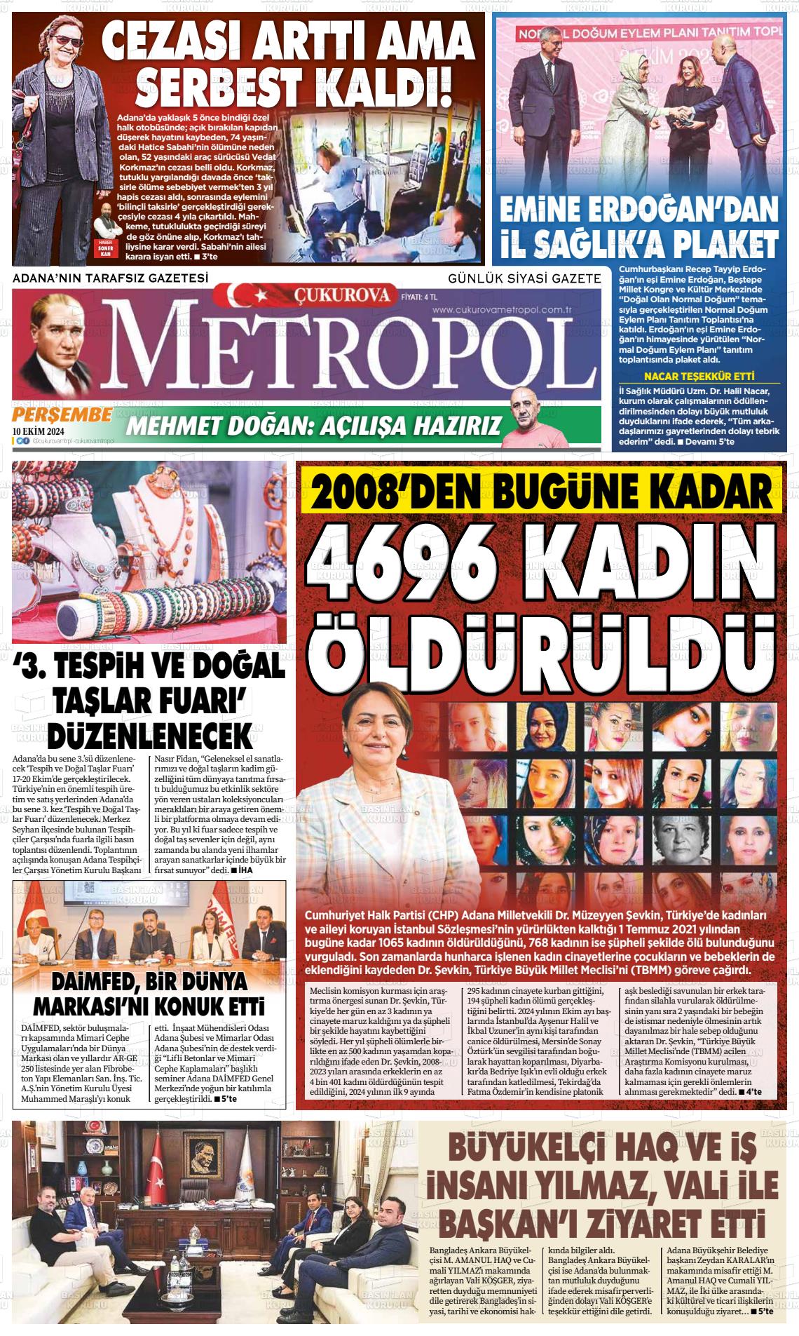 10 Ekim 2024 Çukurova Metropol Gazete Manşeti