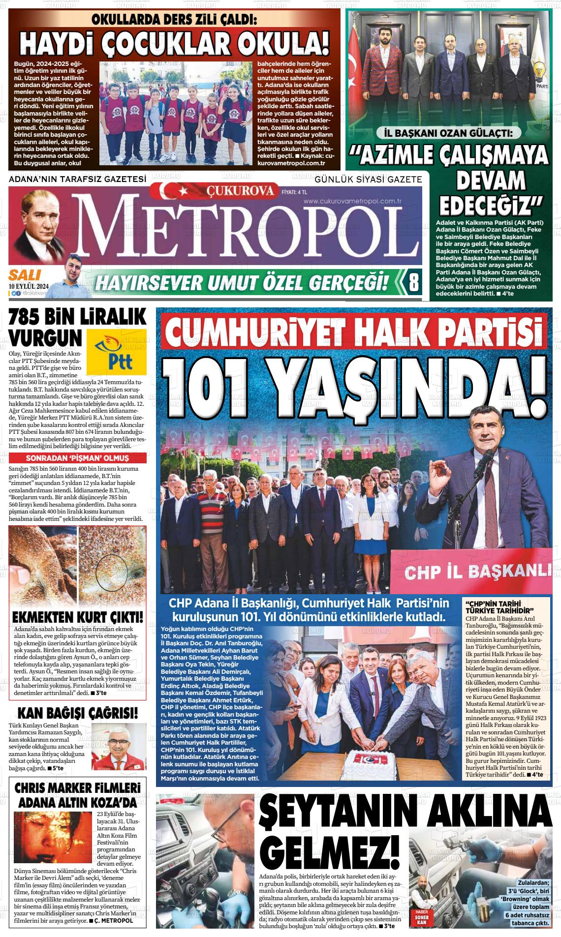 10 Eylül 2024 Çukurova Metropol Gazete Manşeti