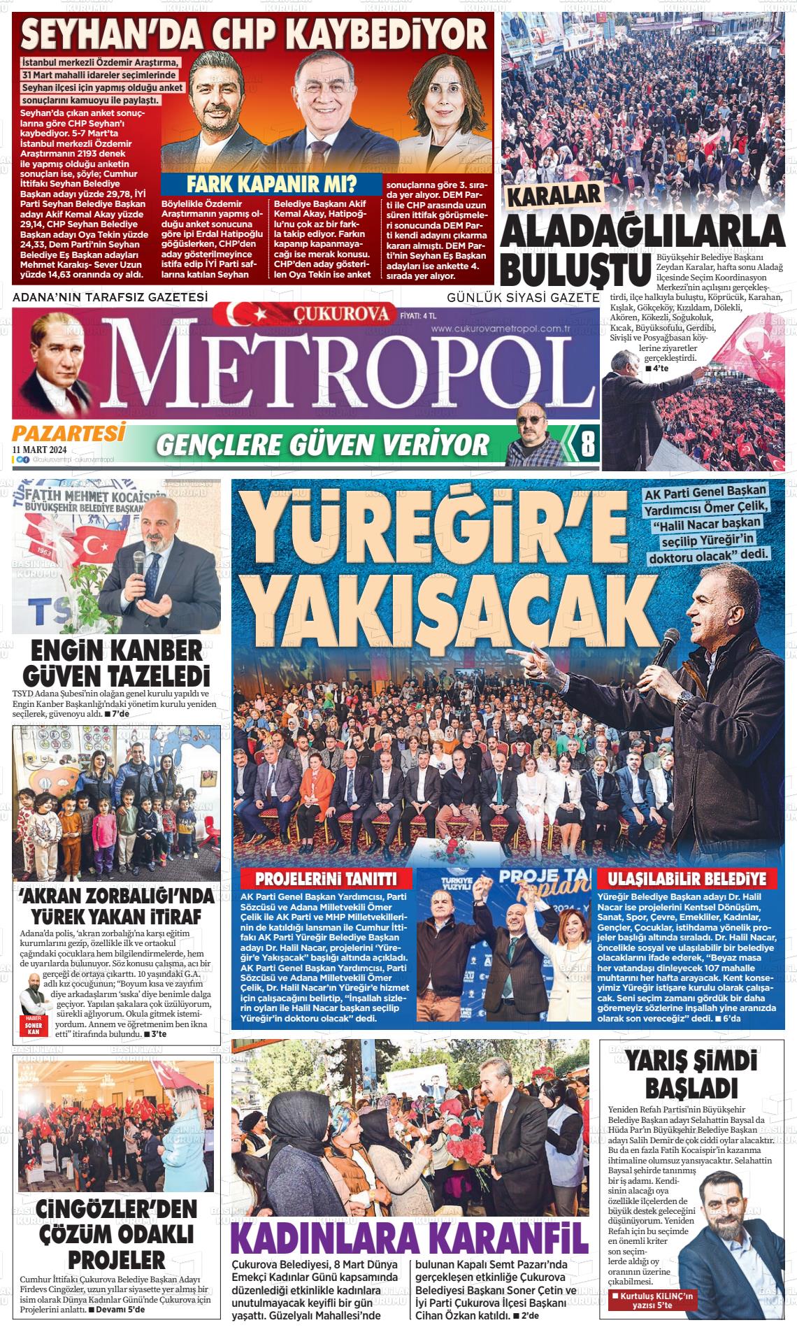 11 Mart 2024 Çukurova Metropol Gazete Manşeti