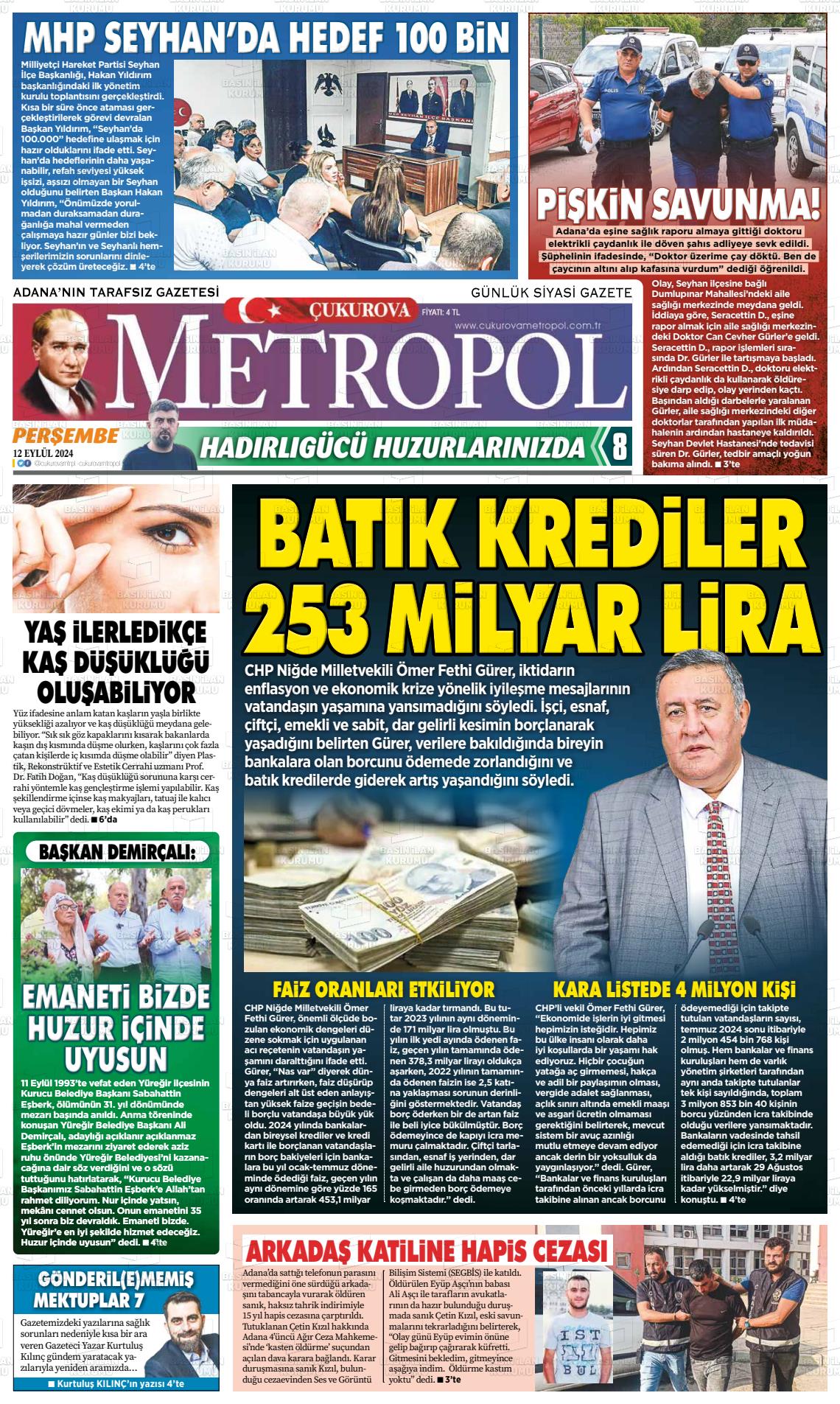 12 Eylül 2024 Çukurova Metropol Gazete Manşeti