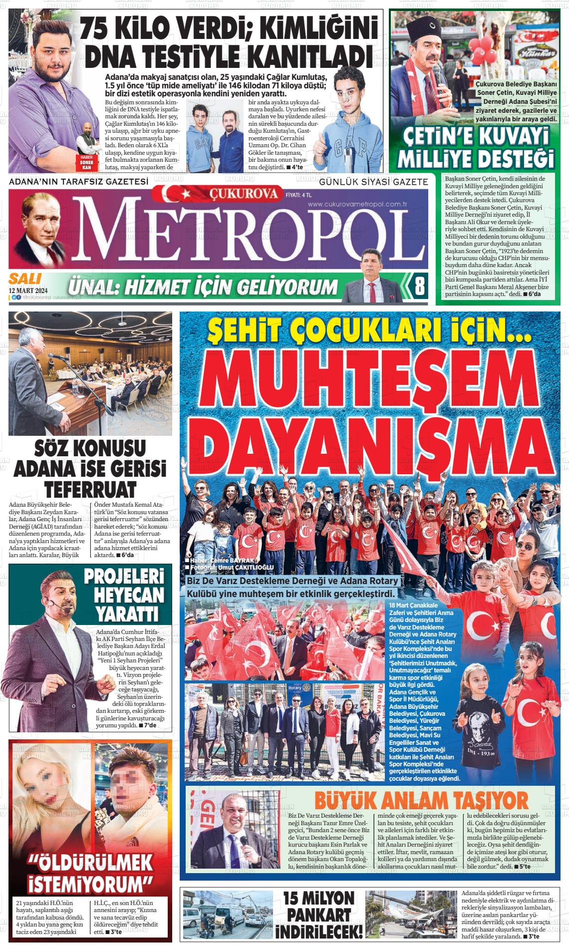 12 Mart 2024 Çukurova Metropol Gazete Manşeti