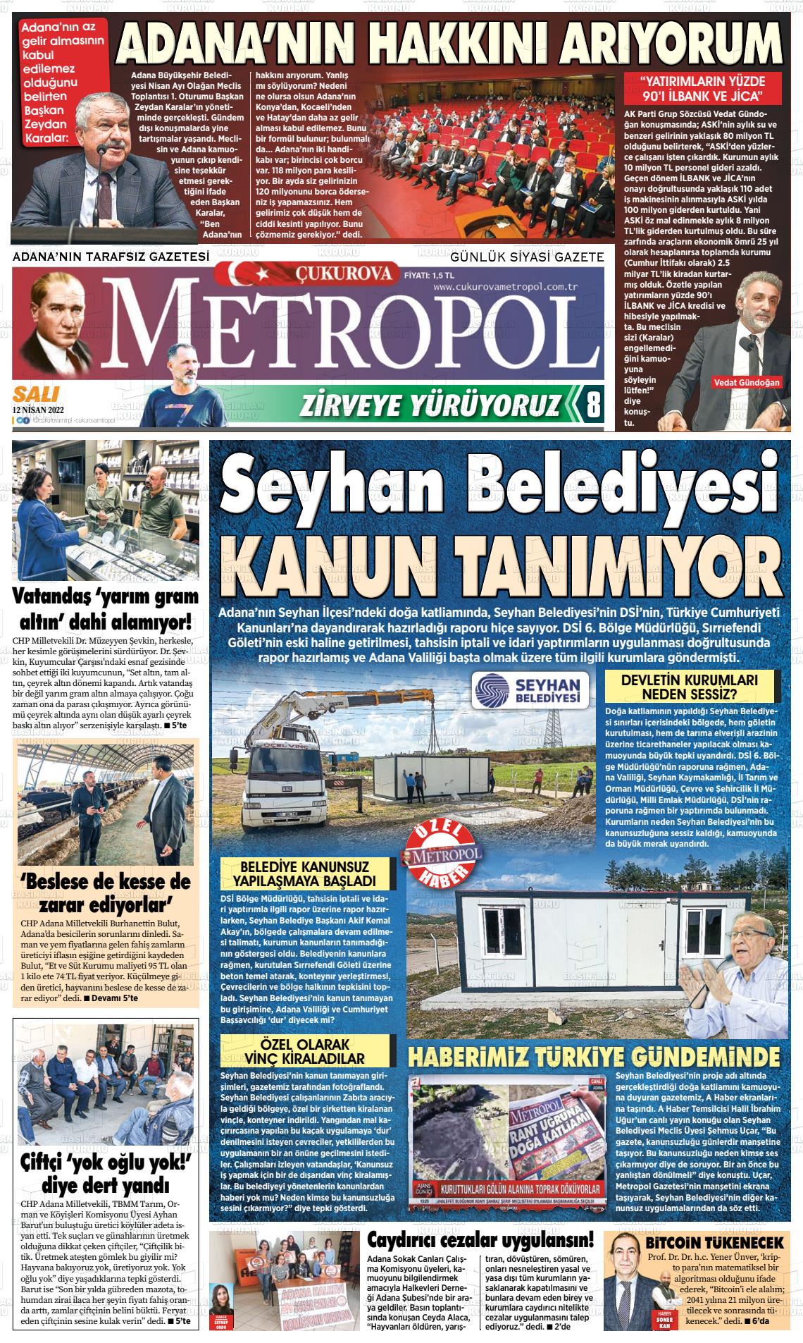 12 Nisan 2022 Çukurova Metropol Gazete Manşeti