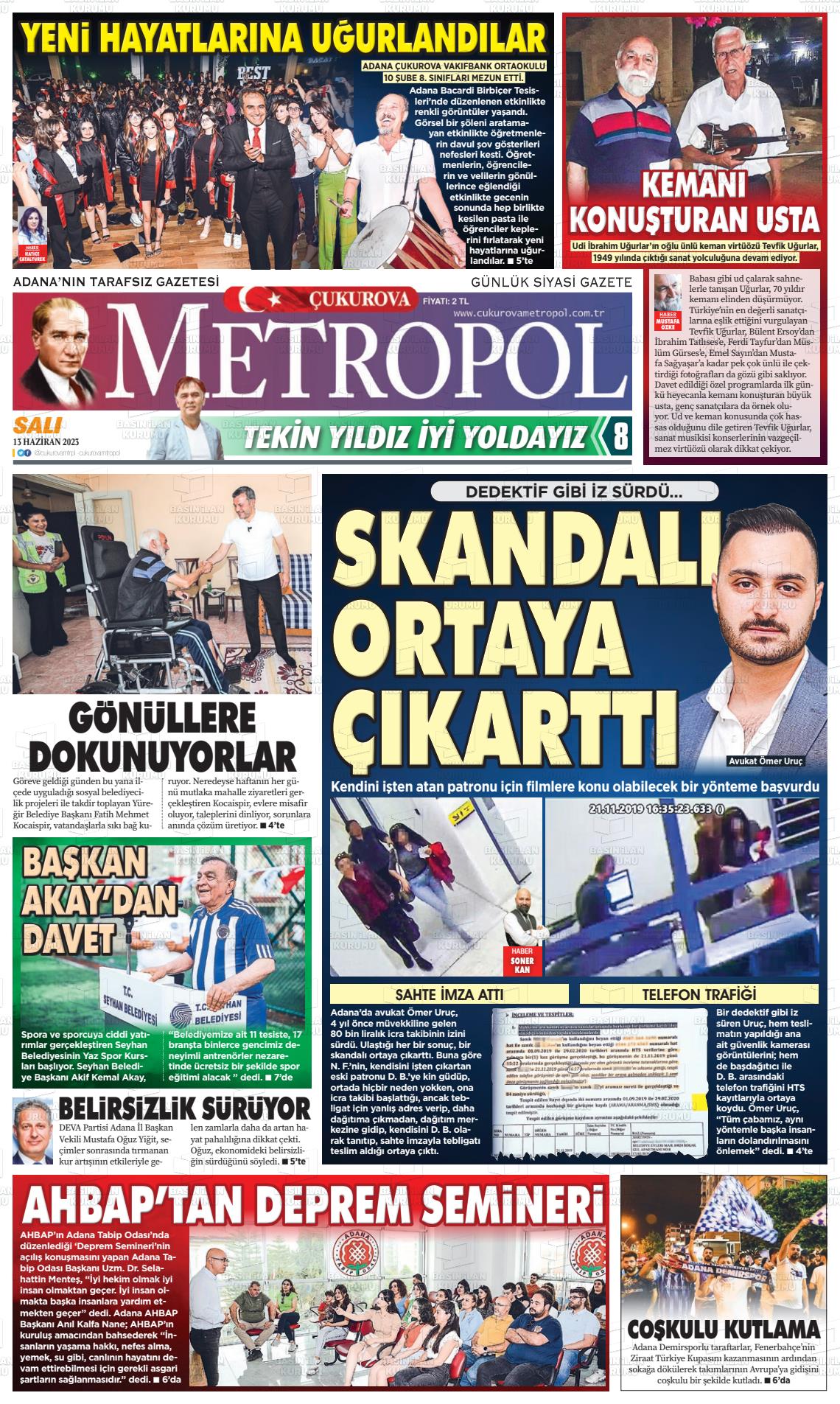 13 Haziran 2023 Çukurova Metropol Gazete Manşeti