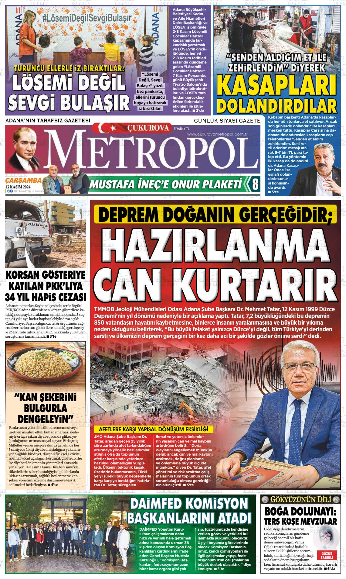 13 Kasım 2024 Çukurova Metropol Gazete Manşeti