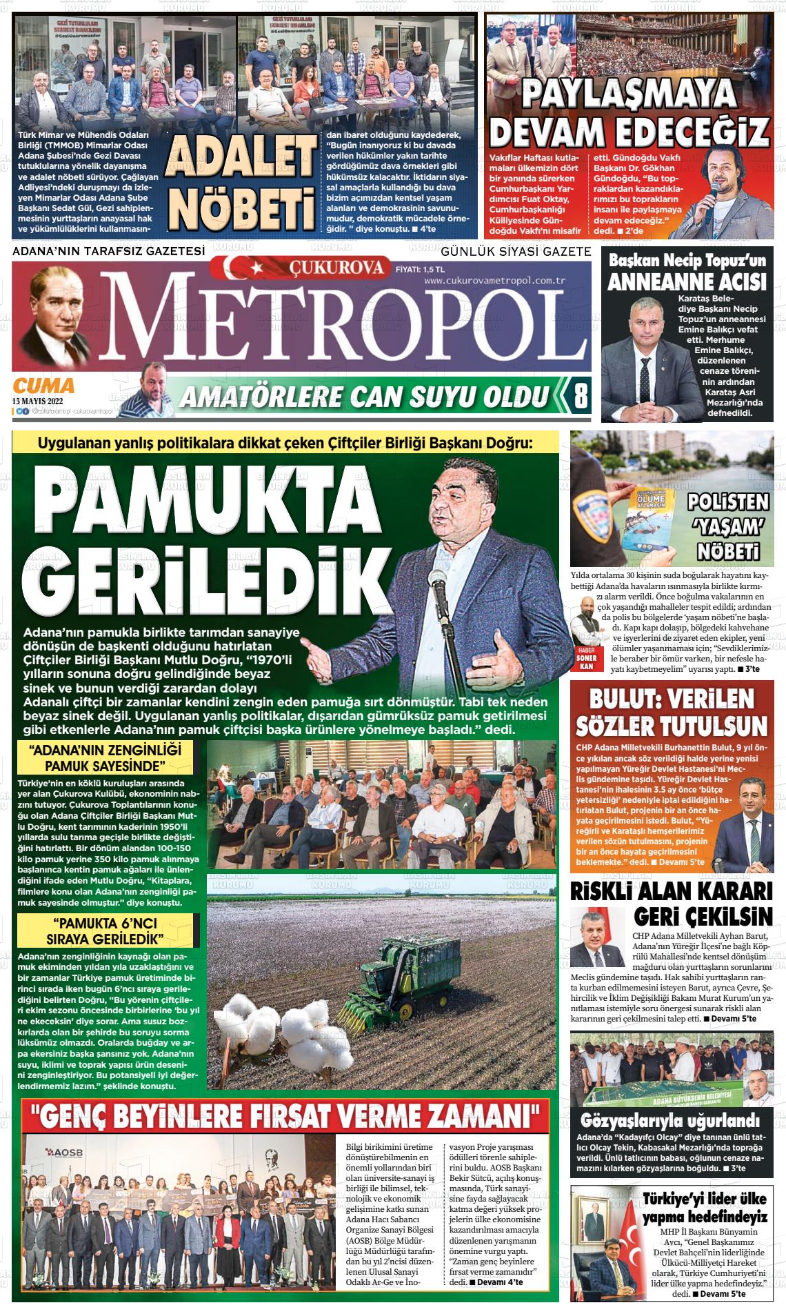 11 Temmuz 2022 Çukurova Metropol Gazete Manşeti