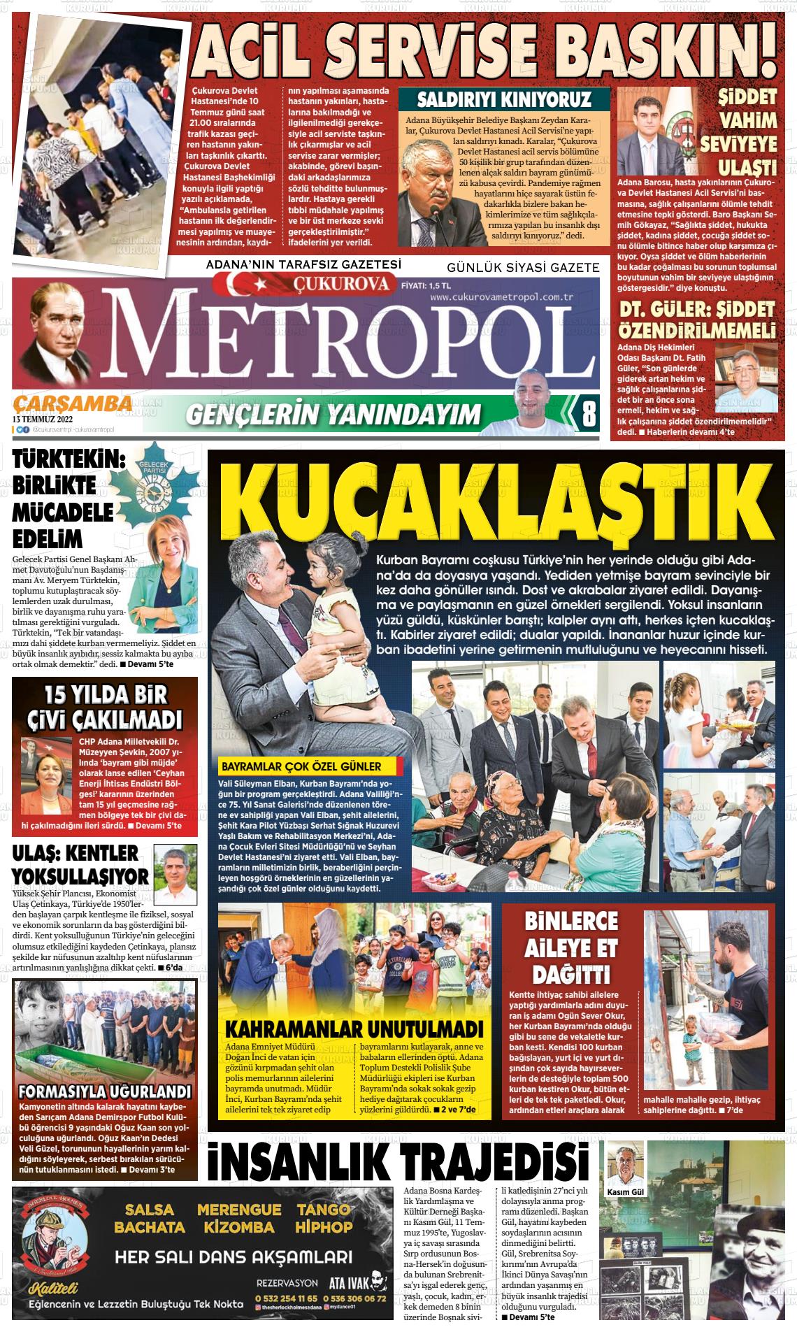 13 Temmuz 2022 Çukurova Metropol Gazete Manşeti