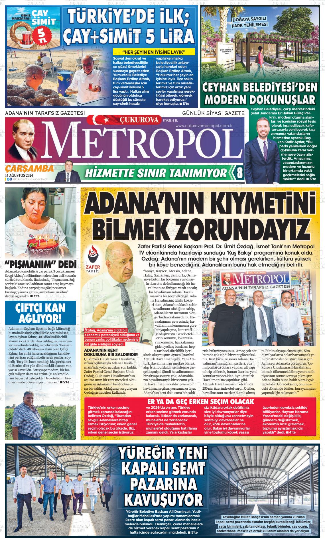 14 Ağustos 2024 Çukurova Metropol Gazete Manşeti