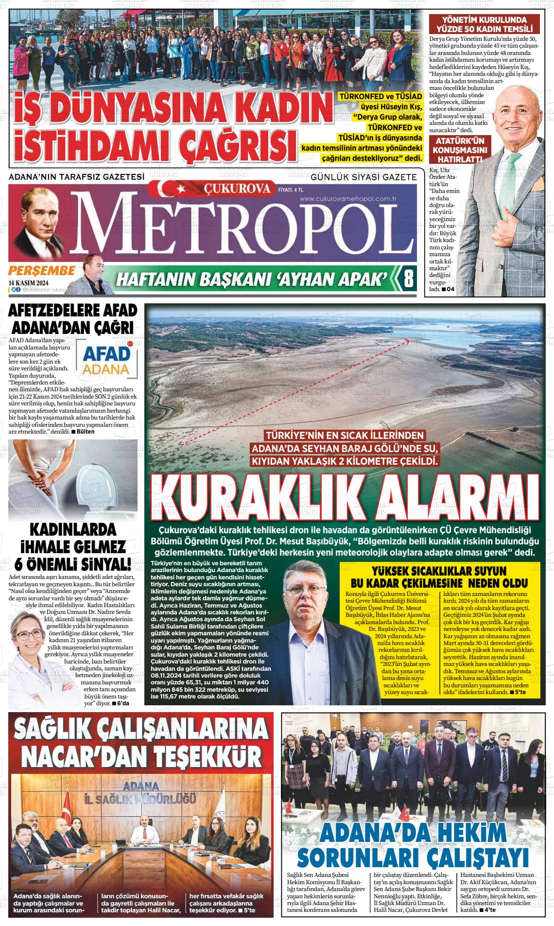 14 Kasım 2024 Çukurova Metropol Gazete Manşeti