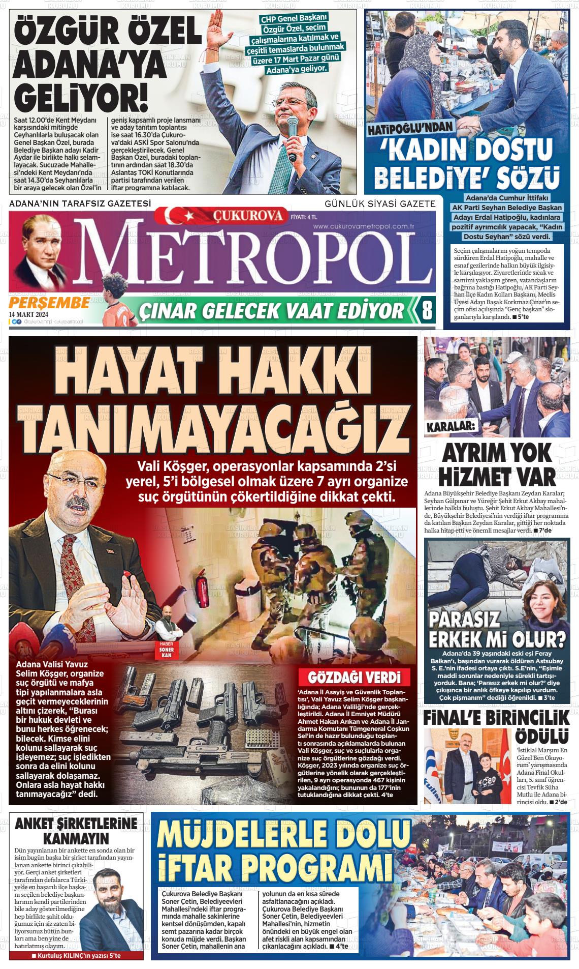 14 Mart 2024 Çukurova Metropol Gazete Manşeti