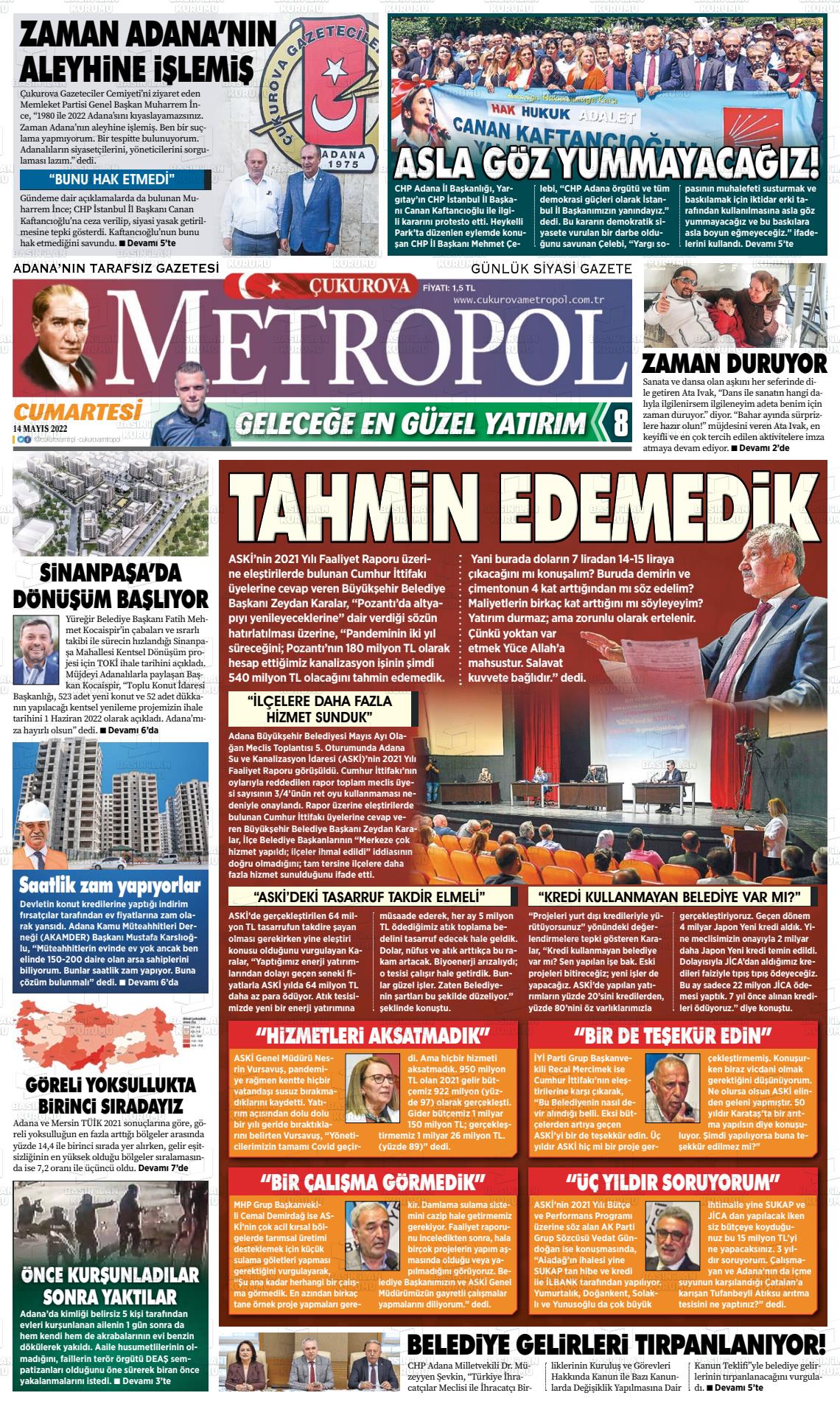 12 Temmuz 2022 Çukurova Metropol Gazete Manşeti