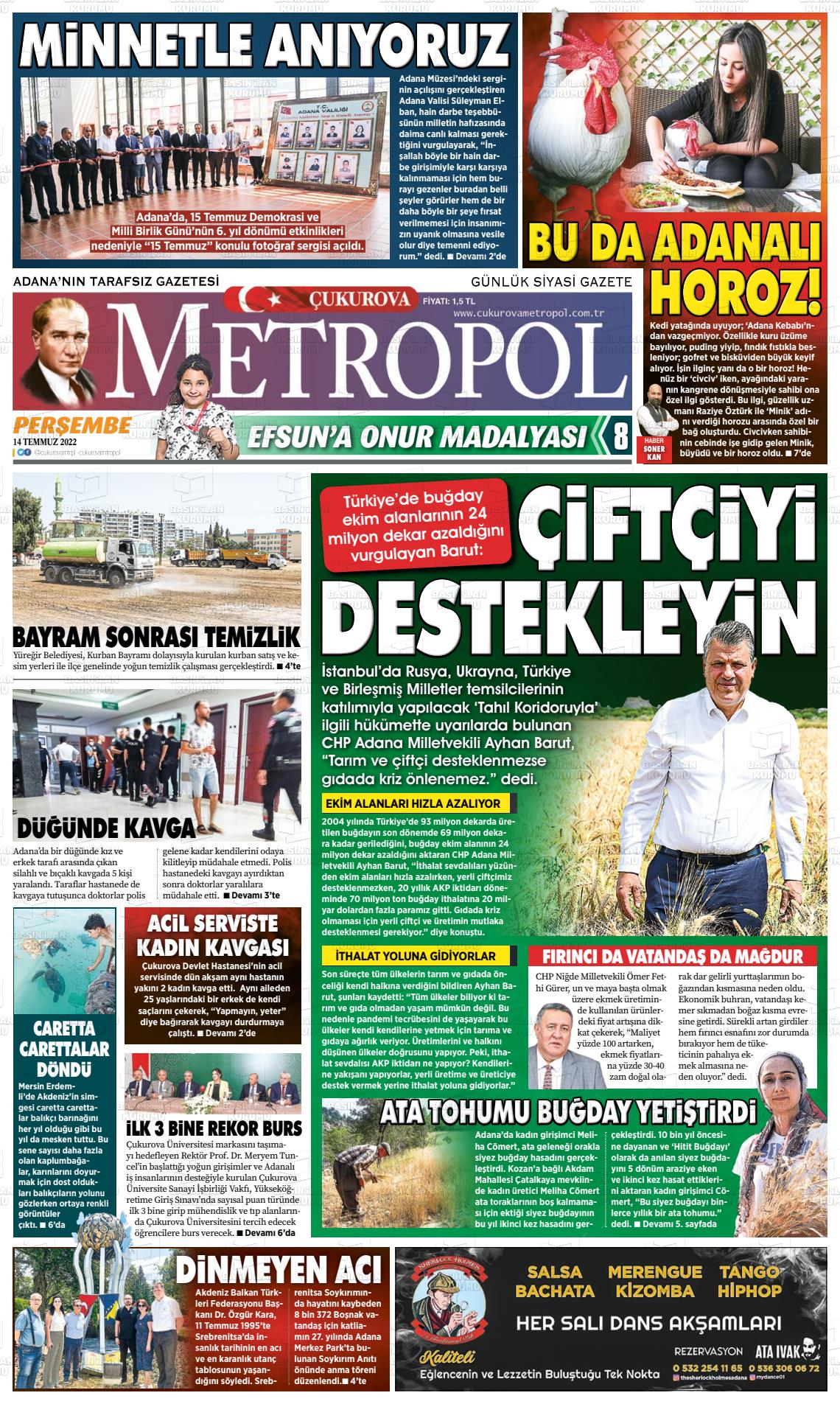 14 Temmuz 2022 Çukurova Metropol Gazete Manşeti