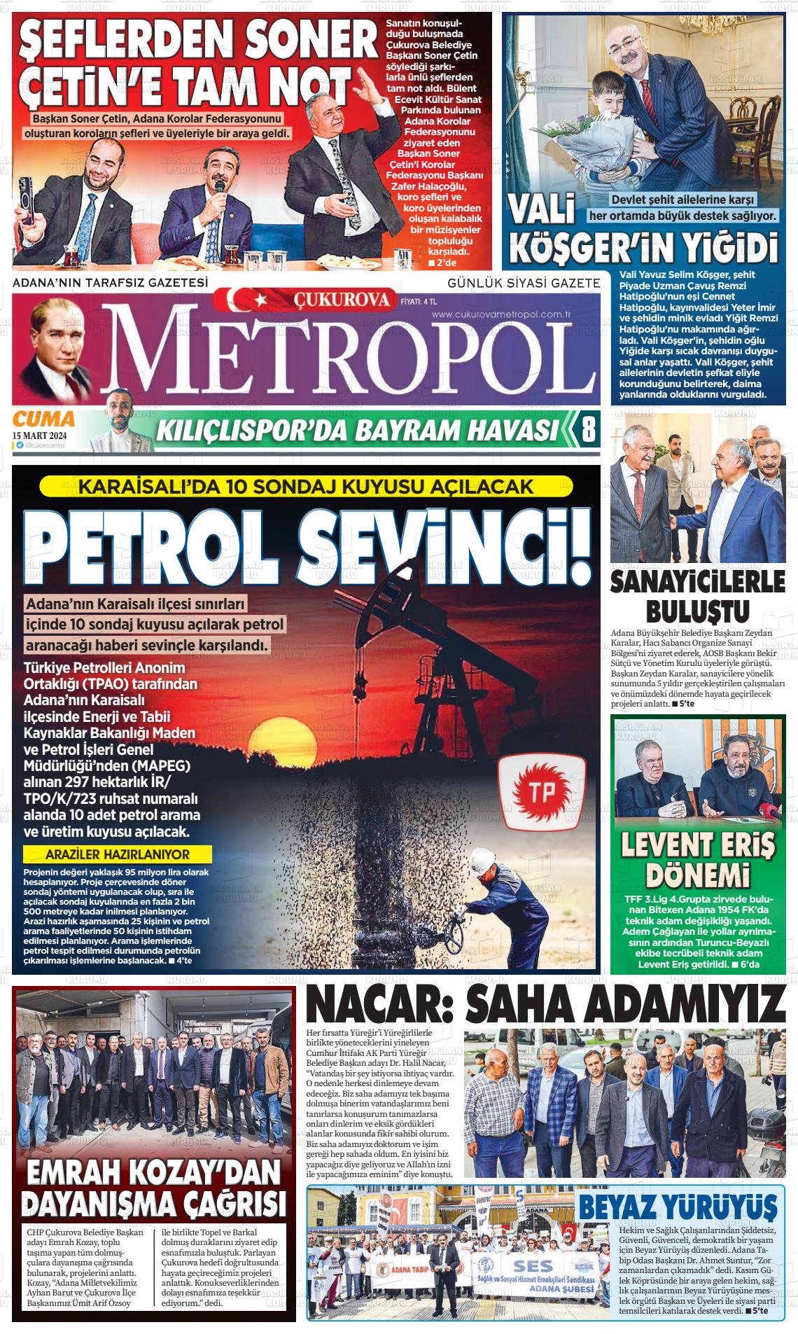 15 Mart 2024 Çukurova Metropol Gazete Manşeti