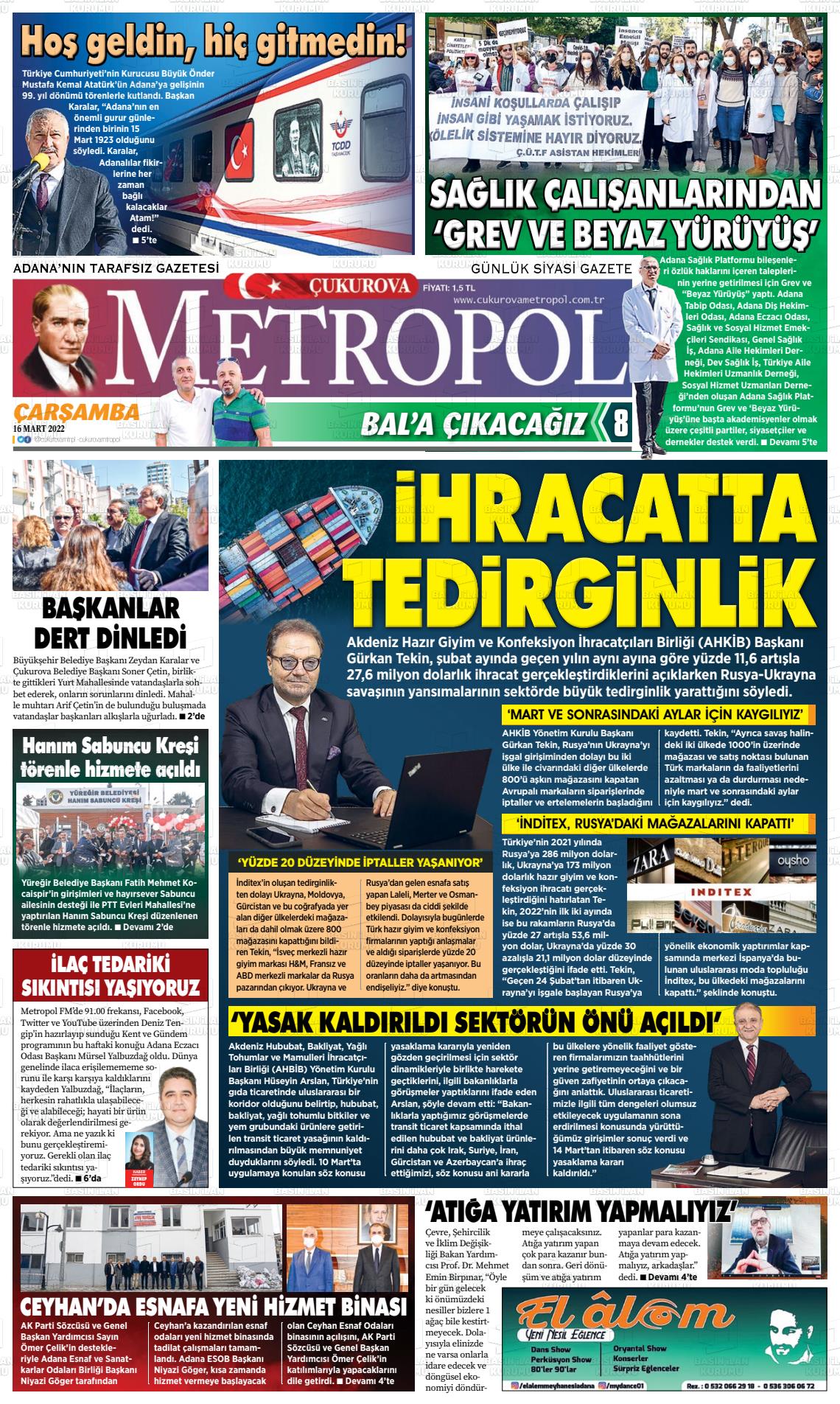 16 Mart 2022 Çukurova Metropol Gazete Manşeti