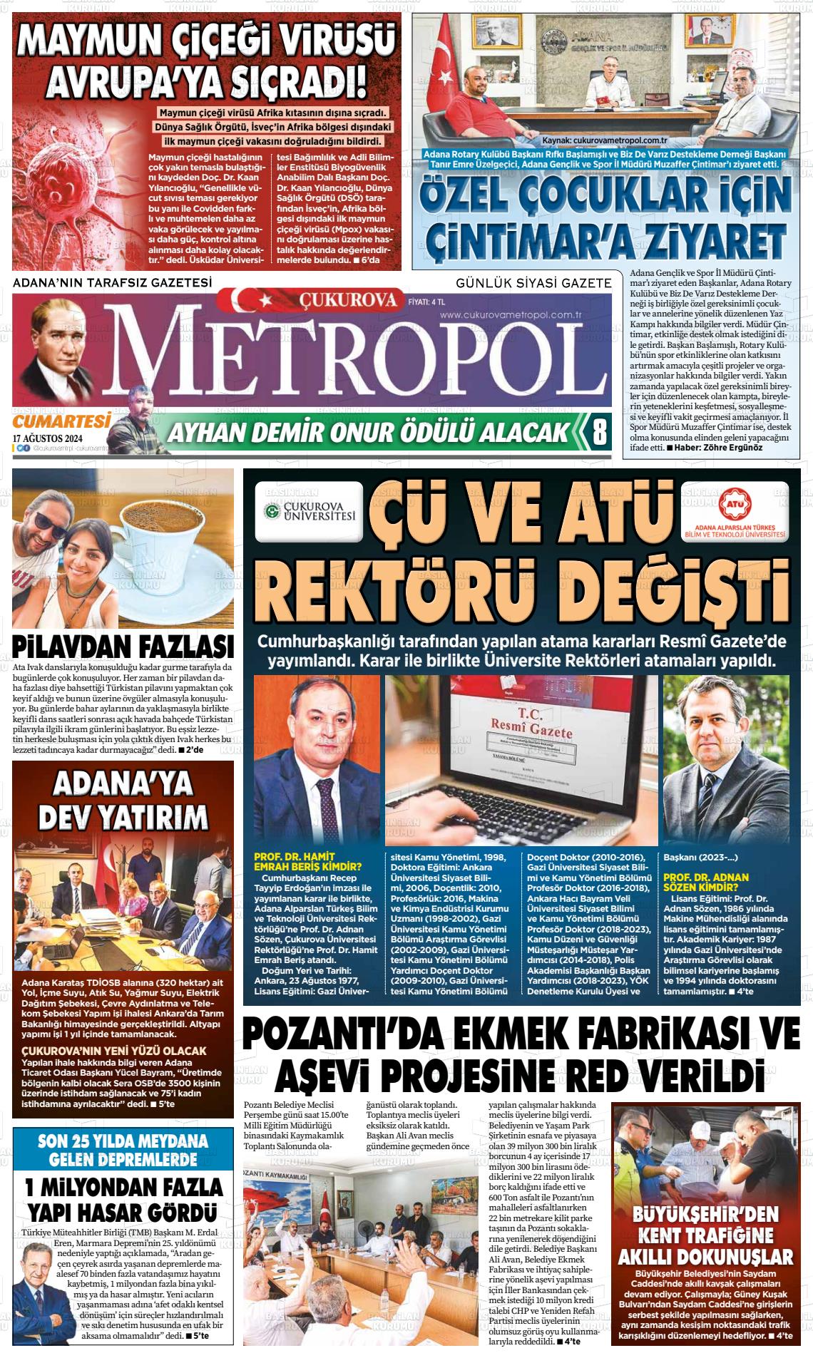 17 Ağustos 2024 Çukurova Metropol Gazete Manşeti