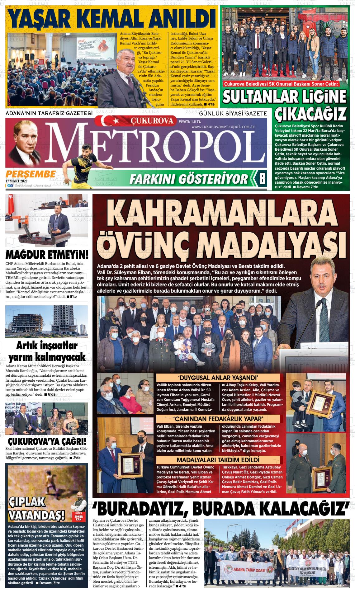 17 Mart 2022 Çukurova Metropol Gazete Manşeti