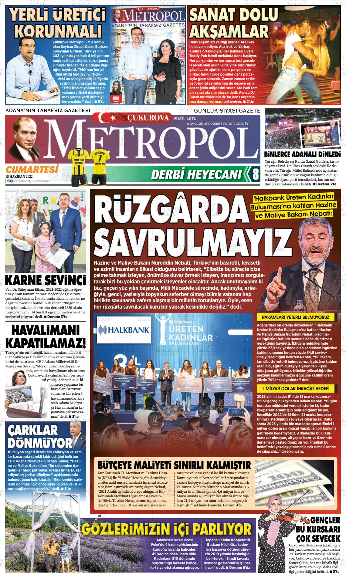 16 Ağustos 2022 Çukurova Metropol Gazete Manşeti