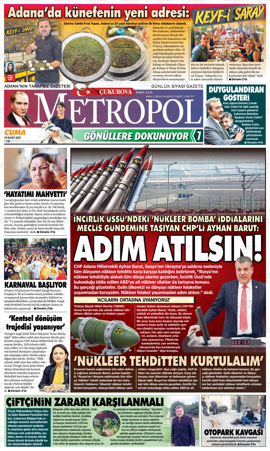 18 Mart 2022 Çukurova Metropol Gazete Manşeti