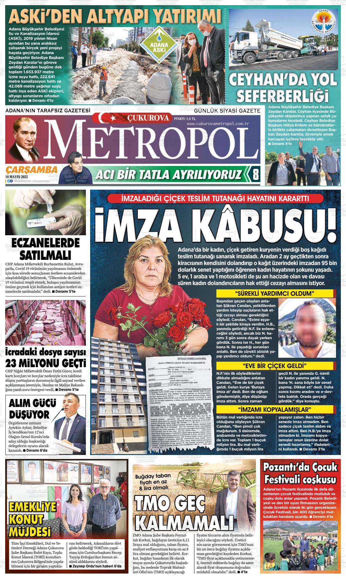 16 Temmuz 2022 Çukurova Metropol Gazete Manşeti