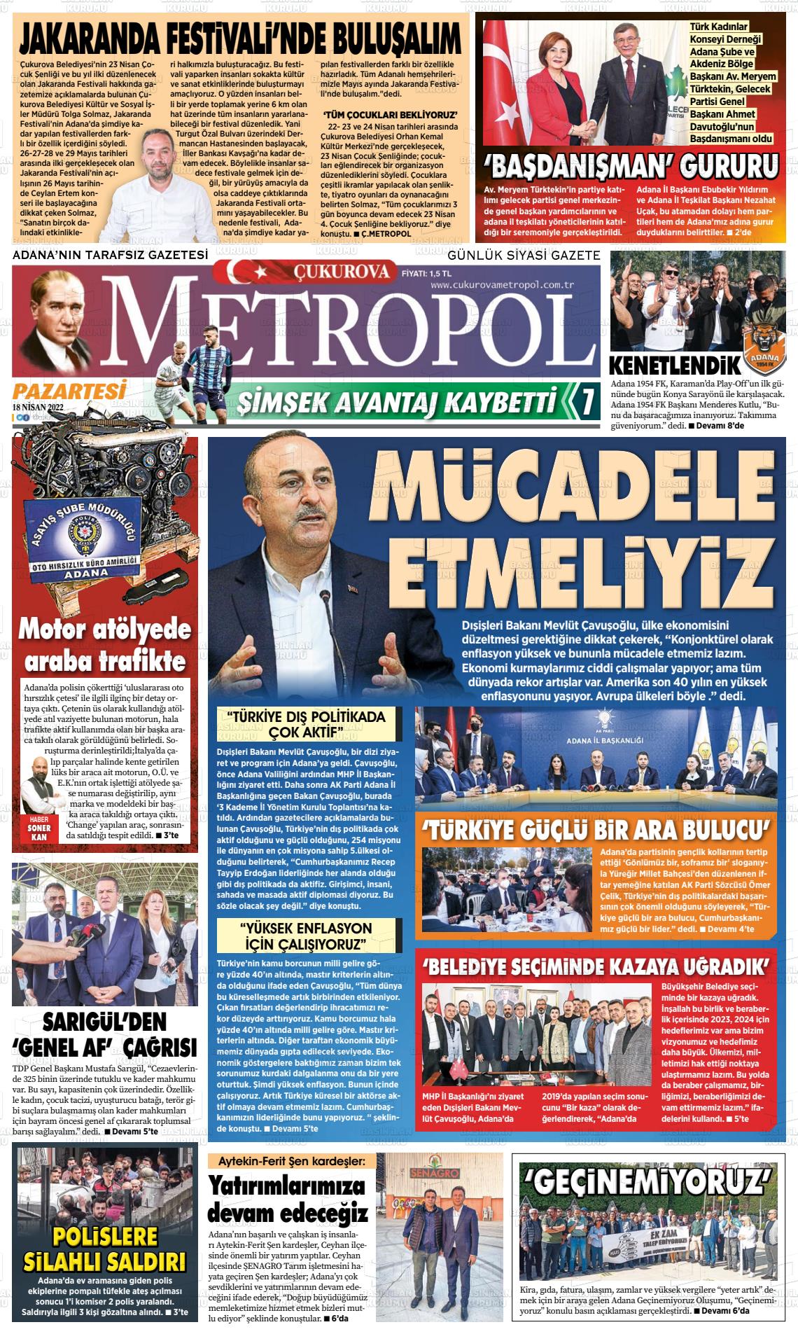 18 Nisan 2022 Çukurova Metropol Gazete Manşeti