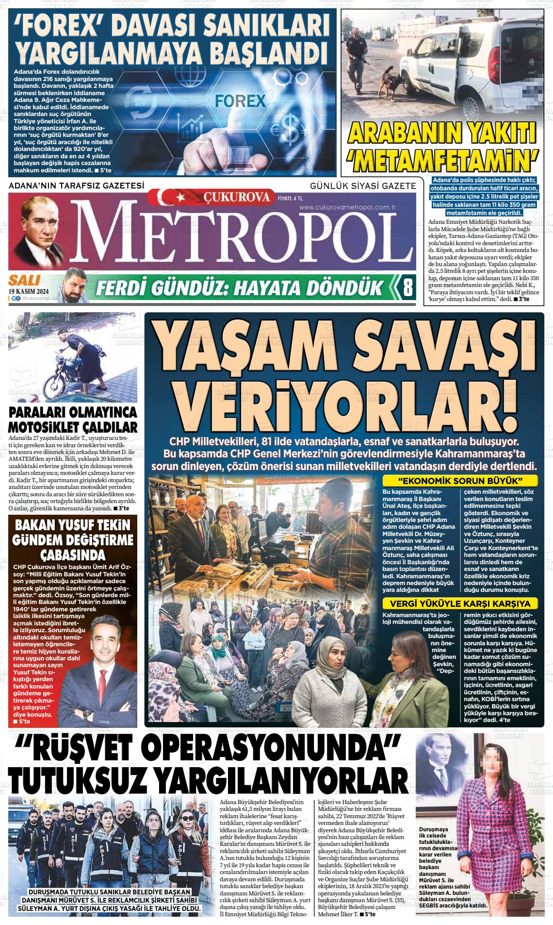 19 Kasım 2024 Çukurova Metropol Gazete Manşeti