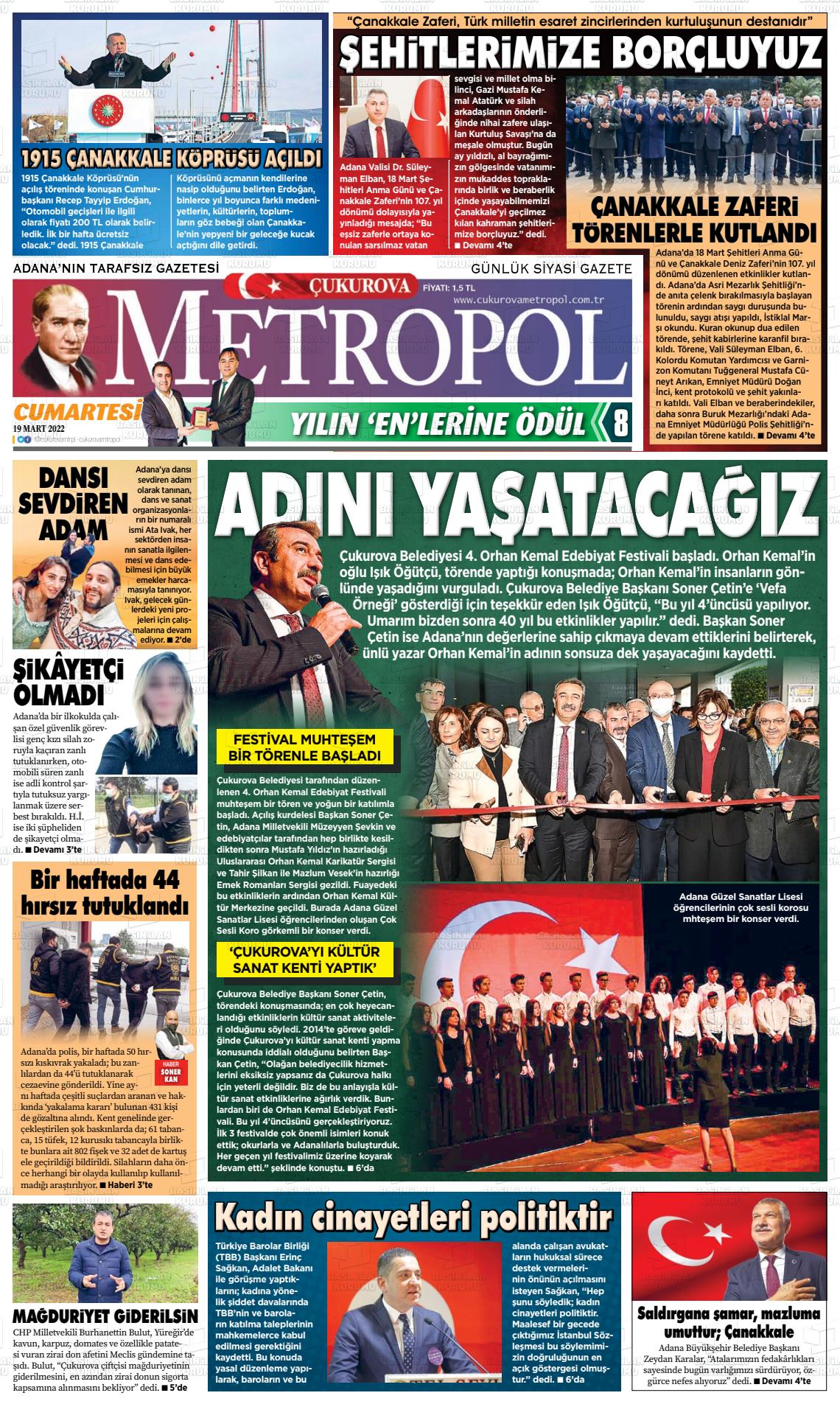 19 Mart 2022 Çukurova Metropol Gazete Manşeti