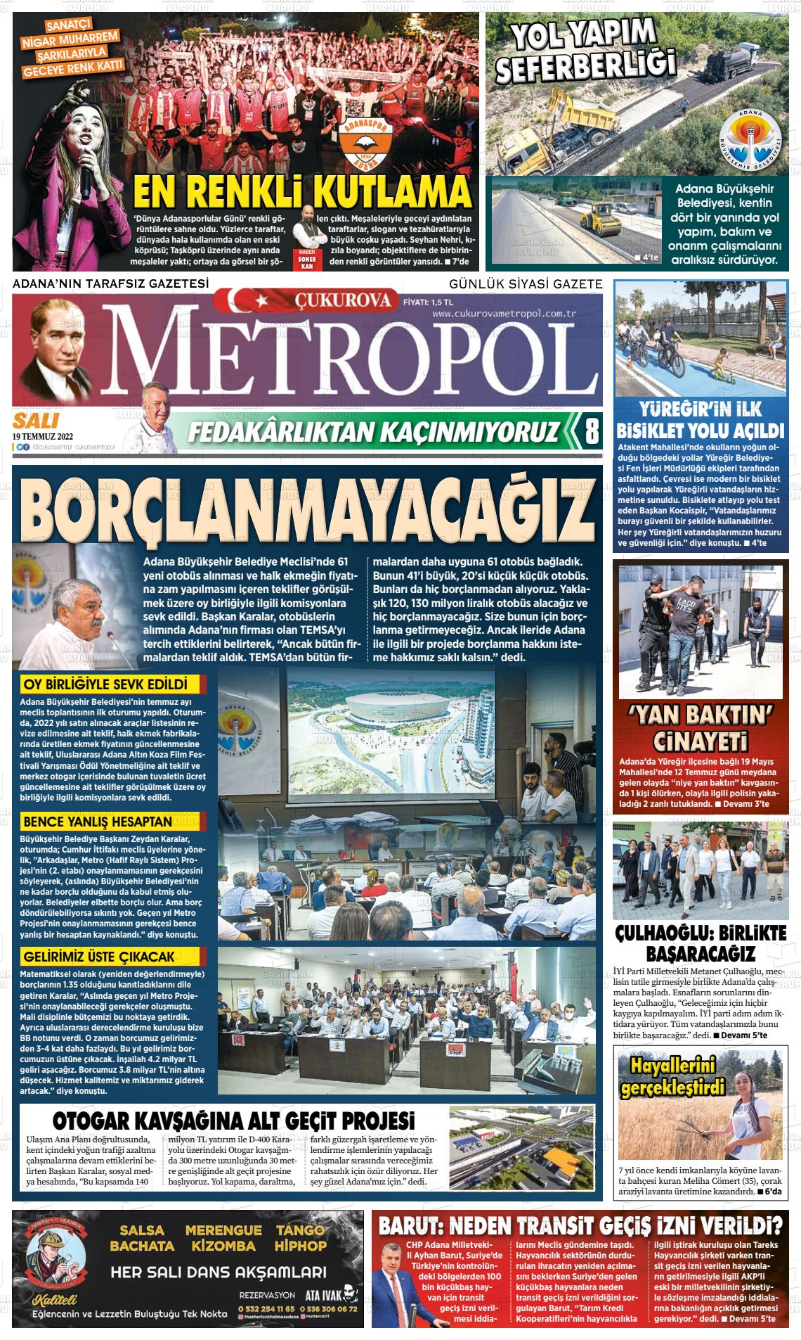 19 Temmuz 2022 Çukurova Metropol Gazete Manşeti