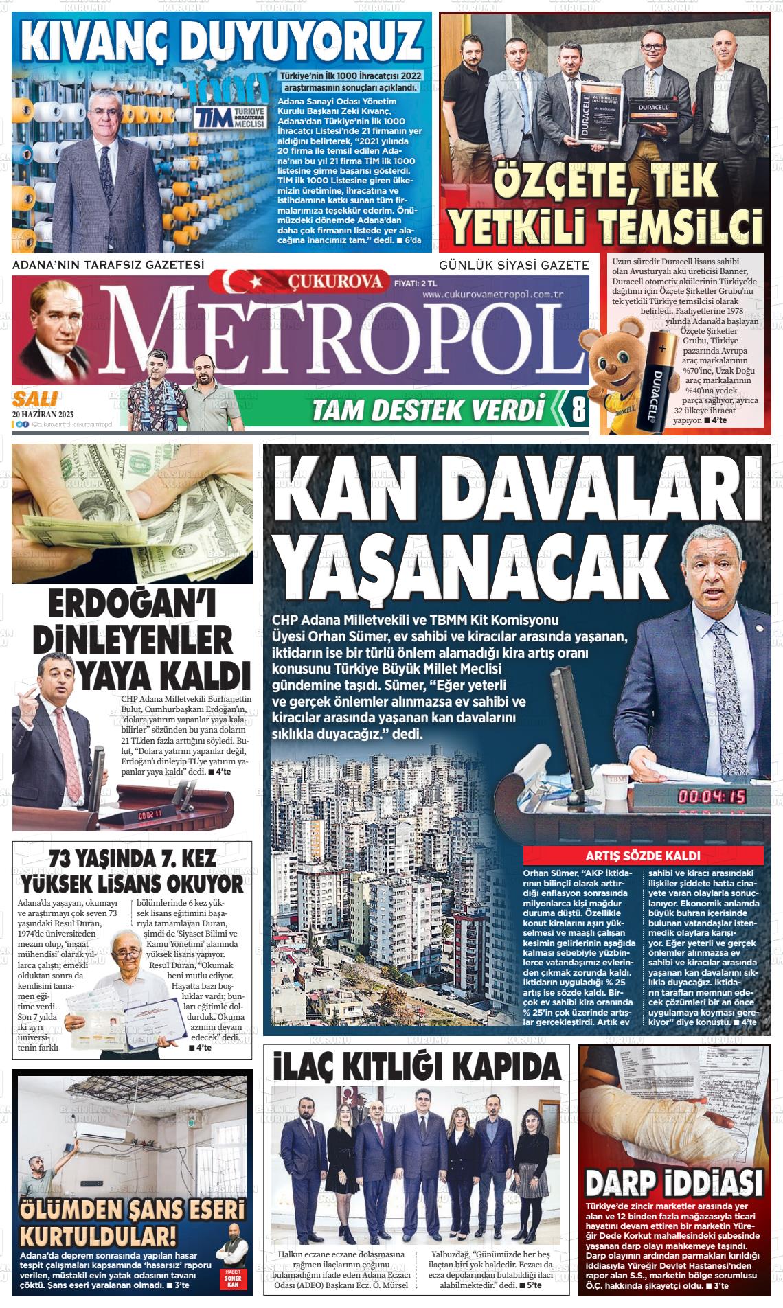 20 Haziran 2023 Çukurova Metropol Gazete Manşeti